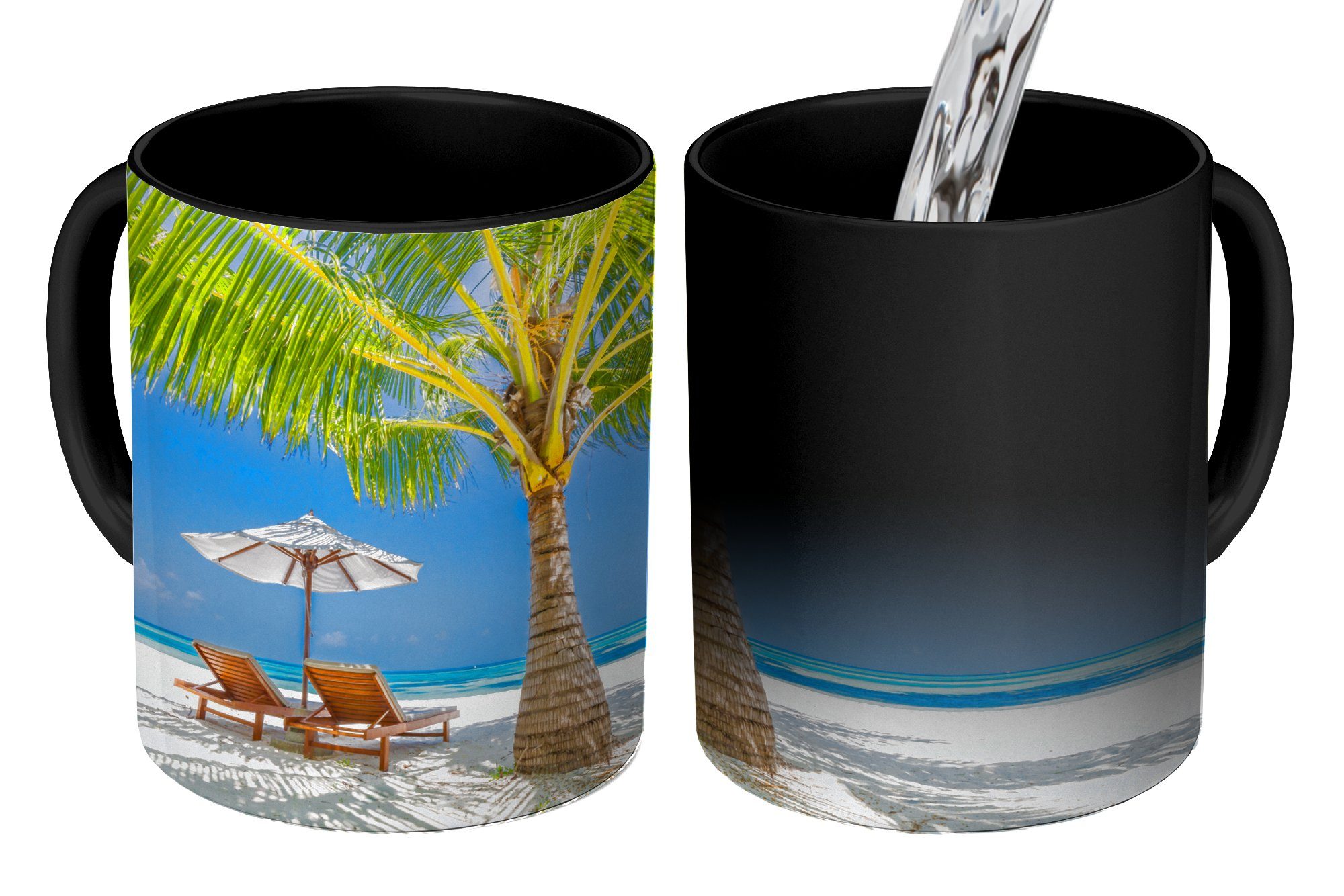 MuchoWow Tasse Teetasse, - Farbwechsel, Keramik, Palme Sonnenschirm, - Strandkorb Kaffeetassen, Zaubertasse, Geschenk