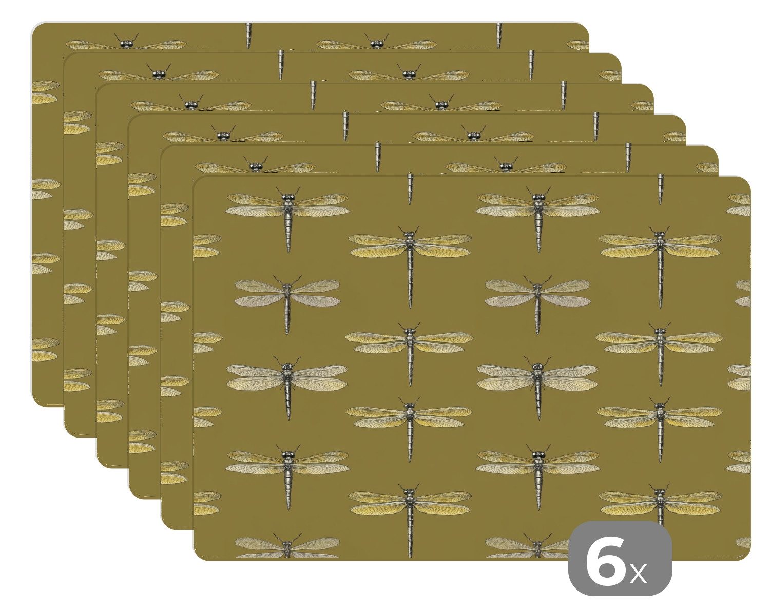 MuchoWow Platzset Libellen - Muster - Grün, (6-St), Platzsets, Tischset, Abwaschbar, Tischsets, Platzdeckchen