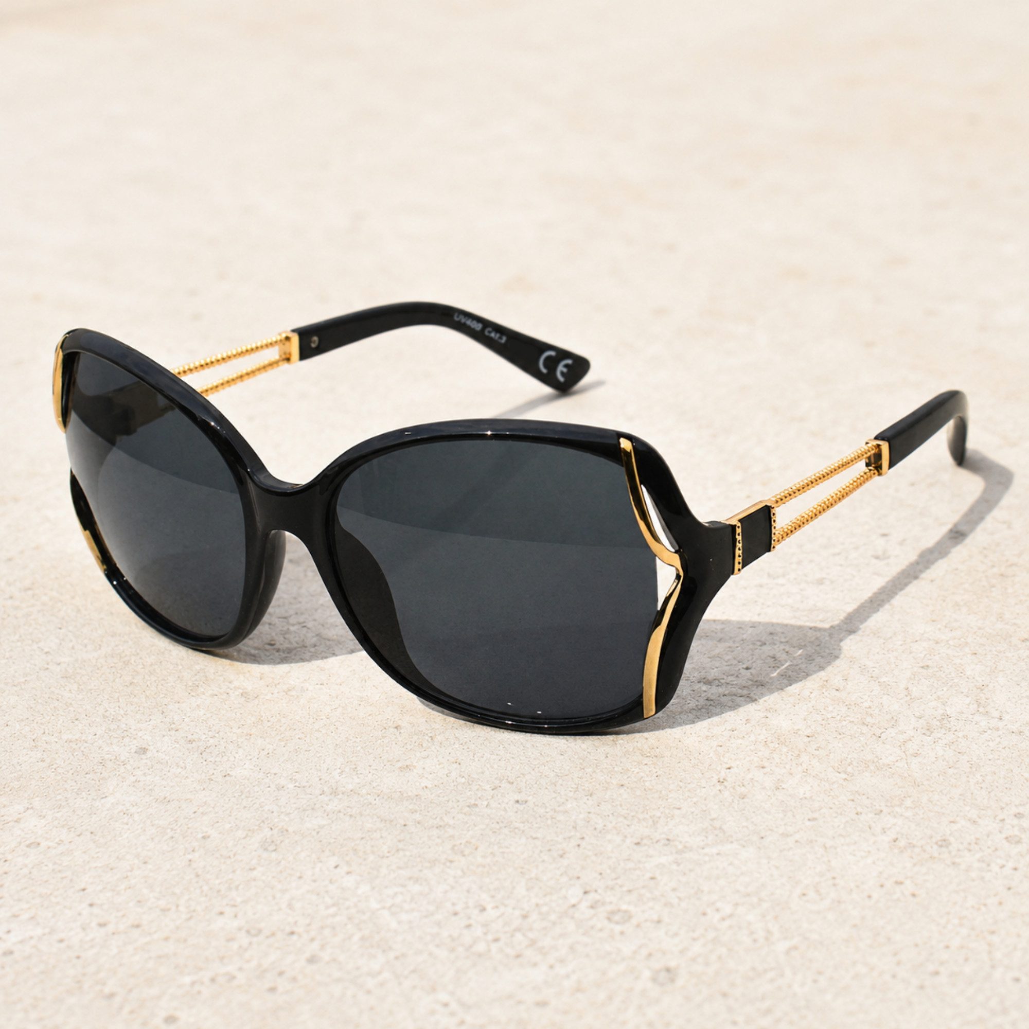 Rennec Sonnenbrille elegante Damen Brille Modern Oval mit Brillenbeutel Schmetterling Gläser Oversized, Markenbrille mit Gold Applikationen