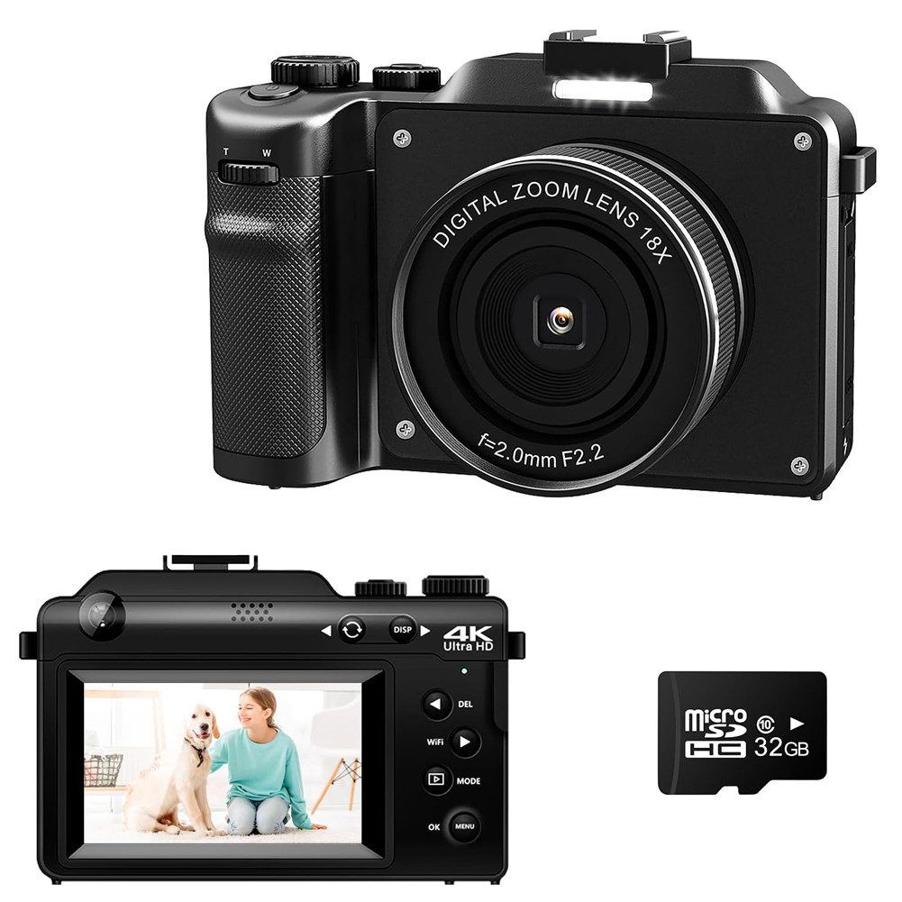 HT 4K Digitalkameras mit Front- und Rückobjektiv Kompaktkamera (48 MP, Fotokamera für Mädchen und Damen)