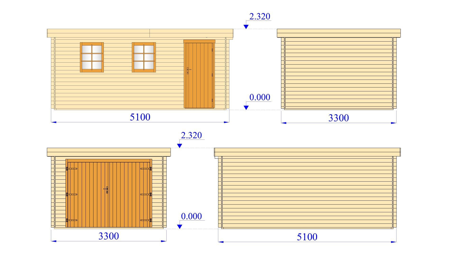 Finn Art Blockhaus Garage Flachdach Holzgarage Schweden 51 mit Holztor, ohne Fußboden, Einzelgarage aus Holz, ohne Dacheindeckung