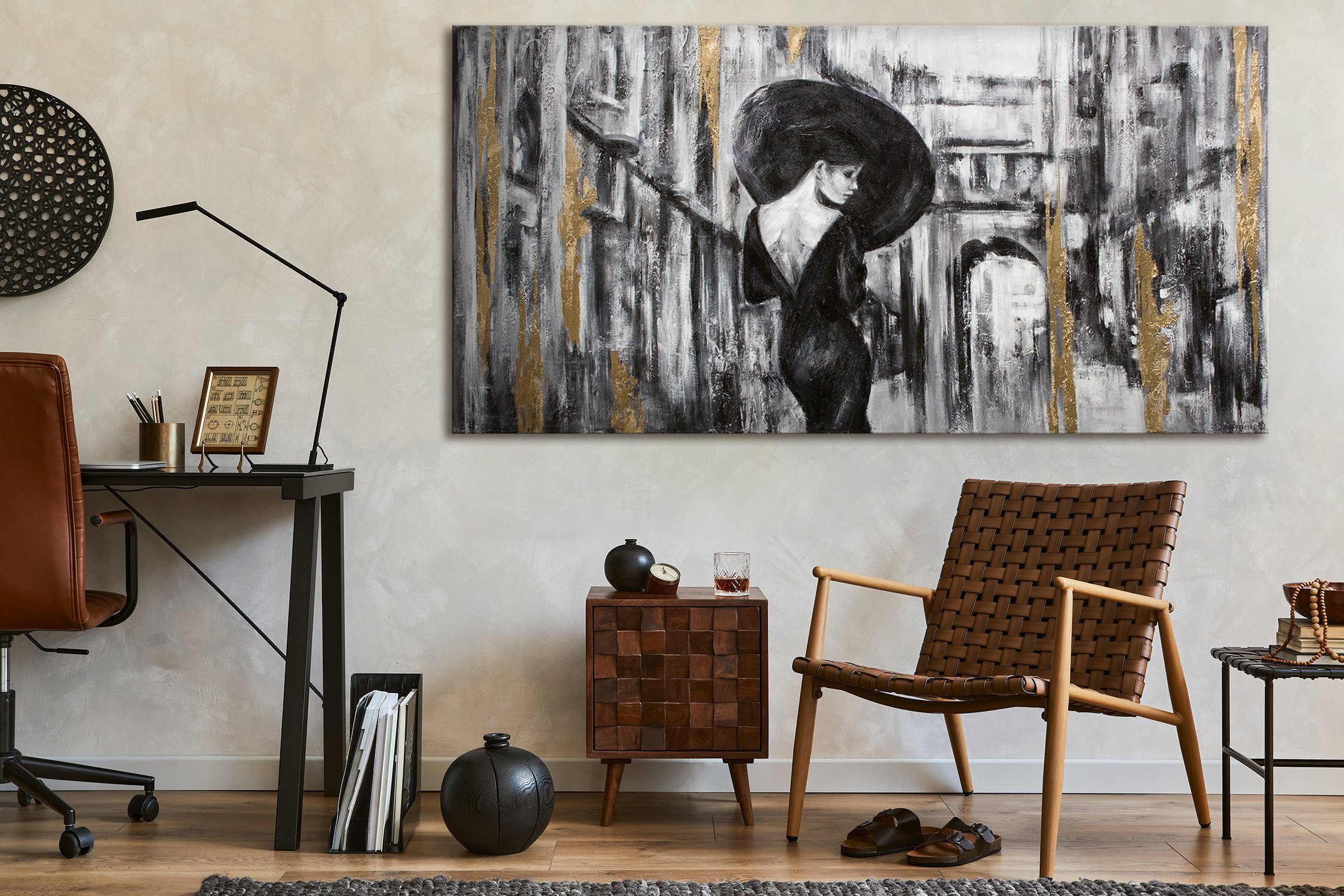 YS-Art Gemälde Leinwand Gold Frau Bild Menschen, Schattenfugenrahmen Filmstreifen, Handgemalt Ohne Schwarz Regenschirm