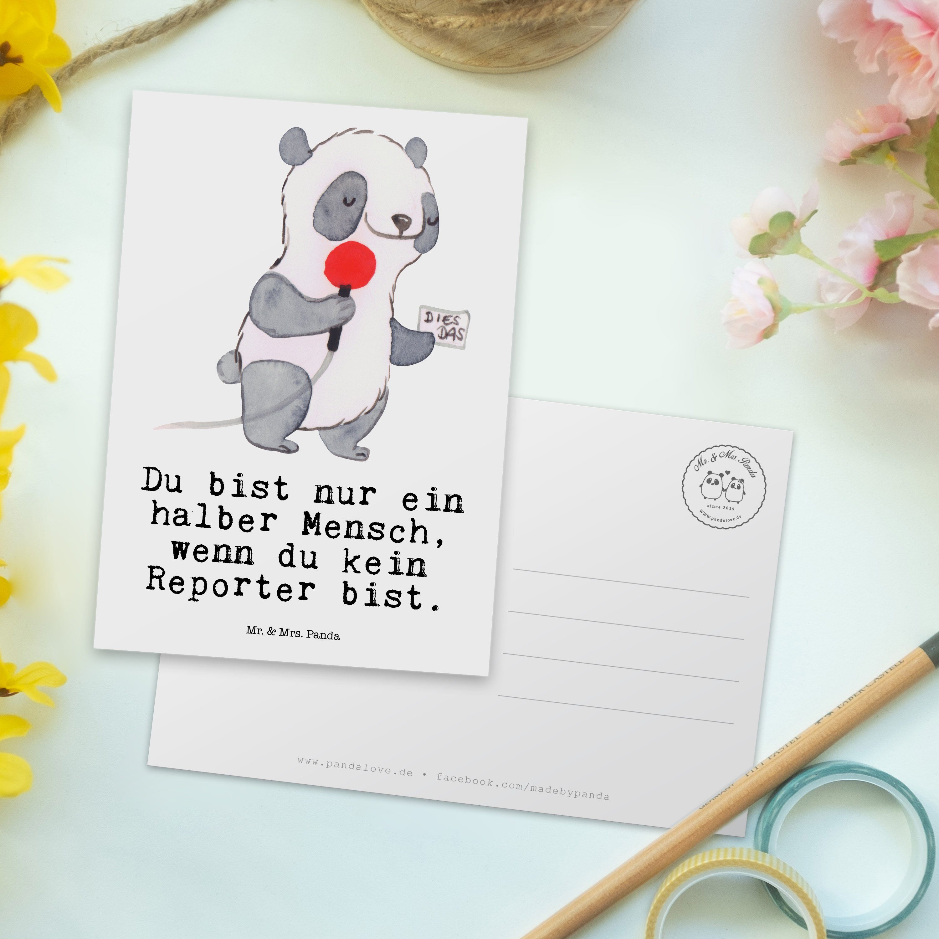 Einladu & Panda mit Postkarte Mrs. - Weiß Dankeskarte, Mr. Dankeschön, Herz Reporter Geschenk, -
