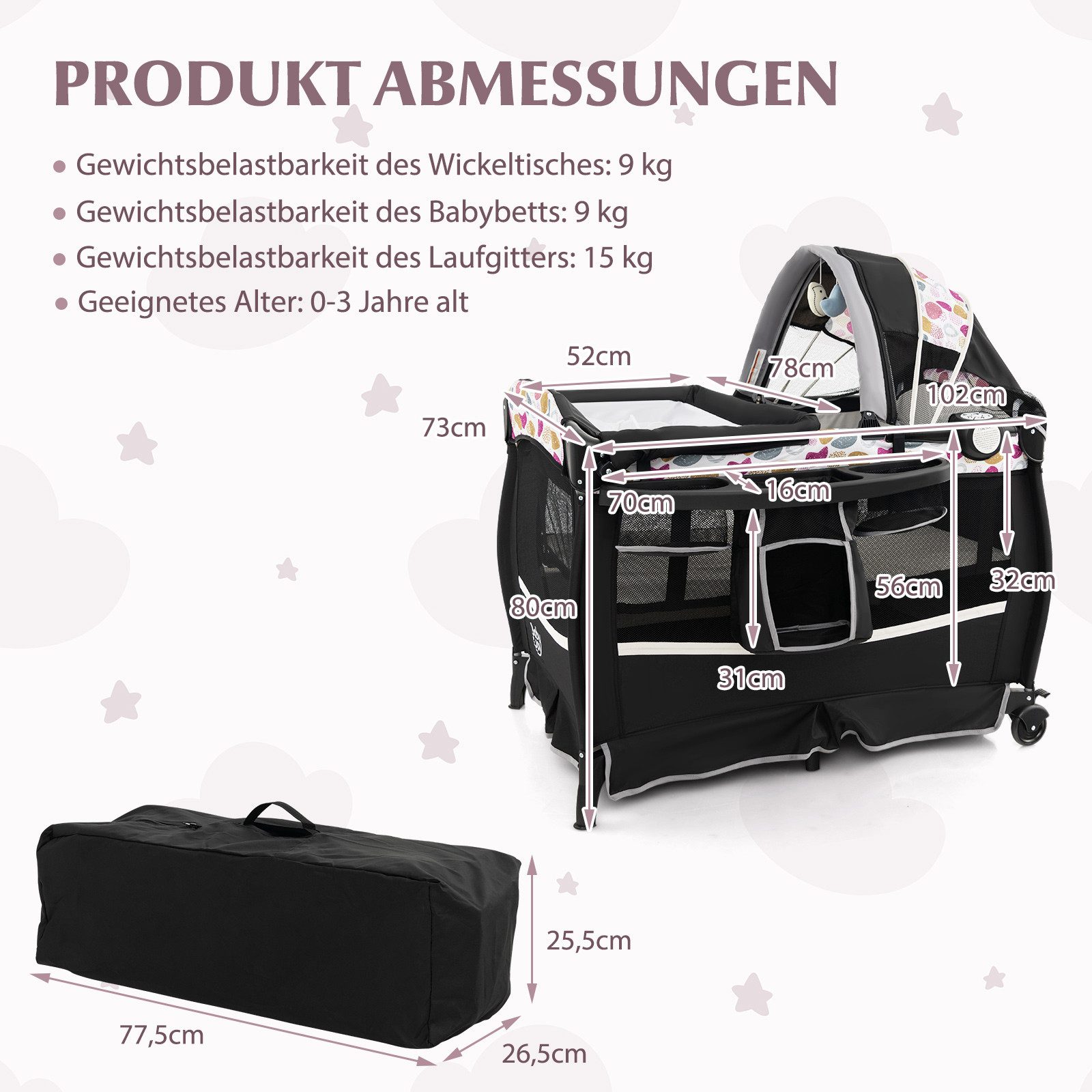 COSTWAY Baby-Reisebett, 4 in 1 Kinder Reisebett, Wickeltisch mit Vordach