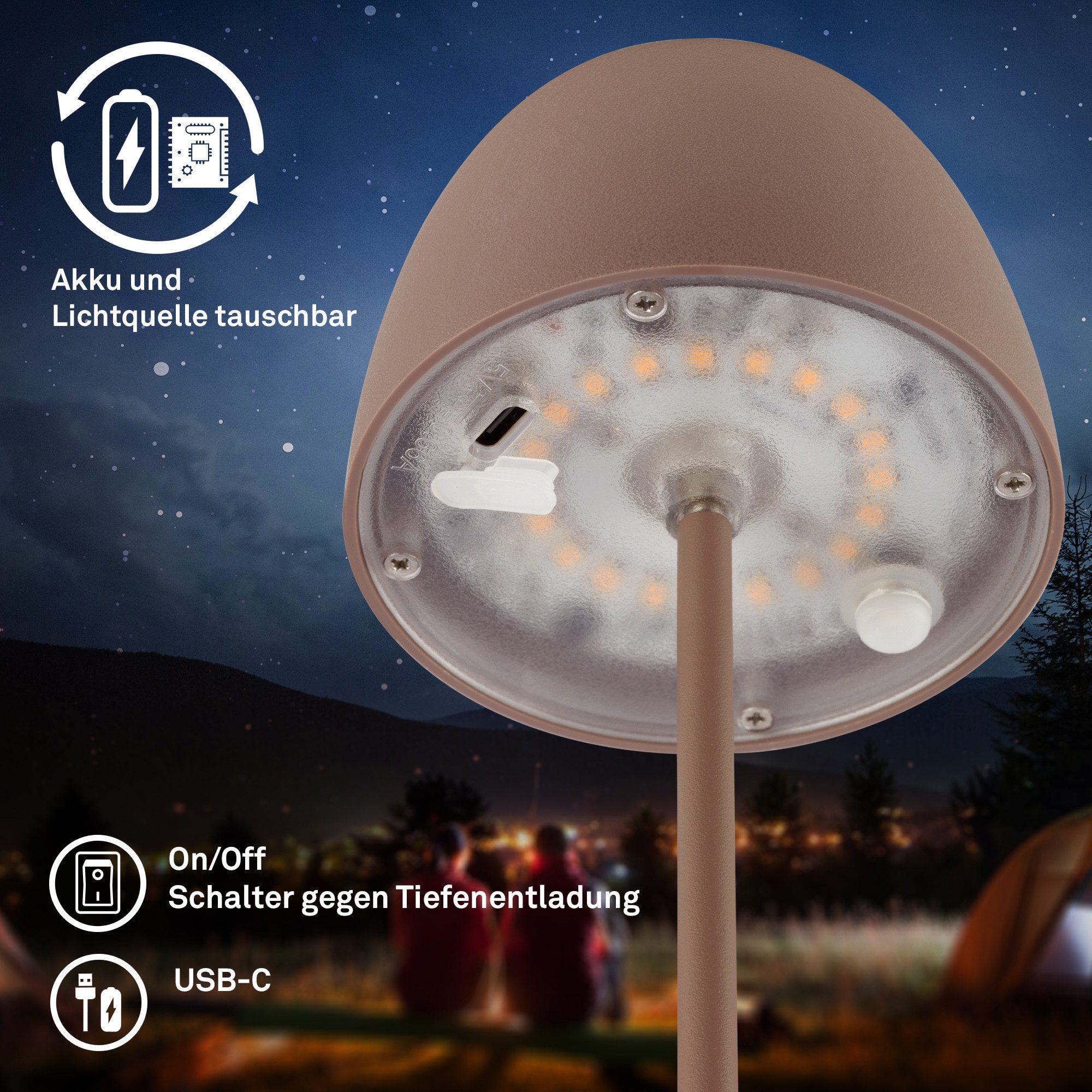 Briloner Leuchten LED Außen-Tischleuchte SERINA MINI, Dimmfunktion, LED fest integriert, Warmweiß, kabellos 20 x 8 cm Umbrasand 2,5W Wohnzimmer Schlafzimmer 2er – Bild 5 von 5