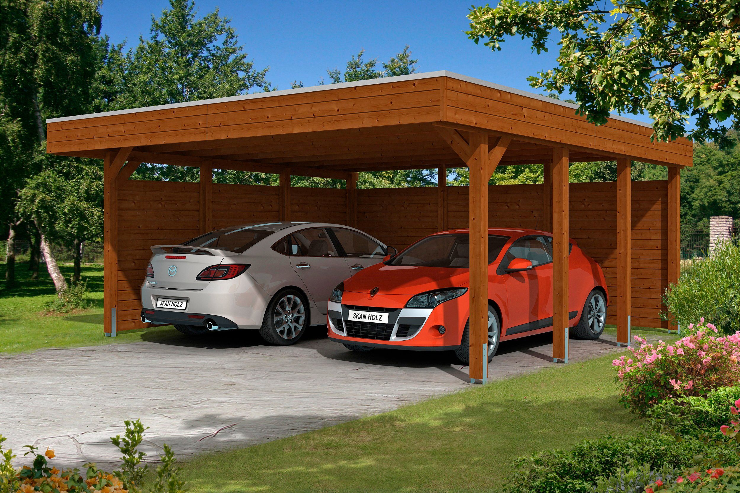 Skanholz Doppelcarport Friesland 3, BxT: 557x555 cm, 210 cm Einfahrtshöhe, (Set), mit Seiten- und Rückwänden