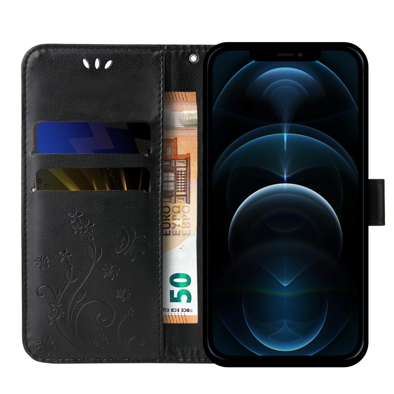 Tec-Expert Handyhülle Cover Tasche Hülle für Apple iPhone 12 Pro 6,1 Zoll, Klapphülle Case mit Kartenfach Fliphülle aufstellbar, Motiv Blumen