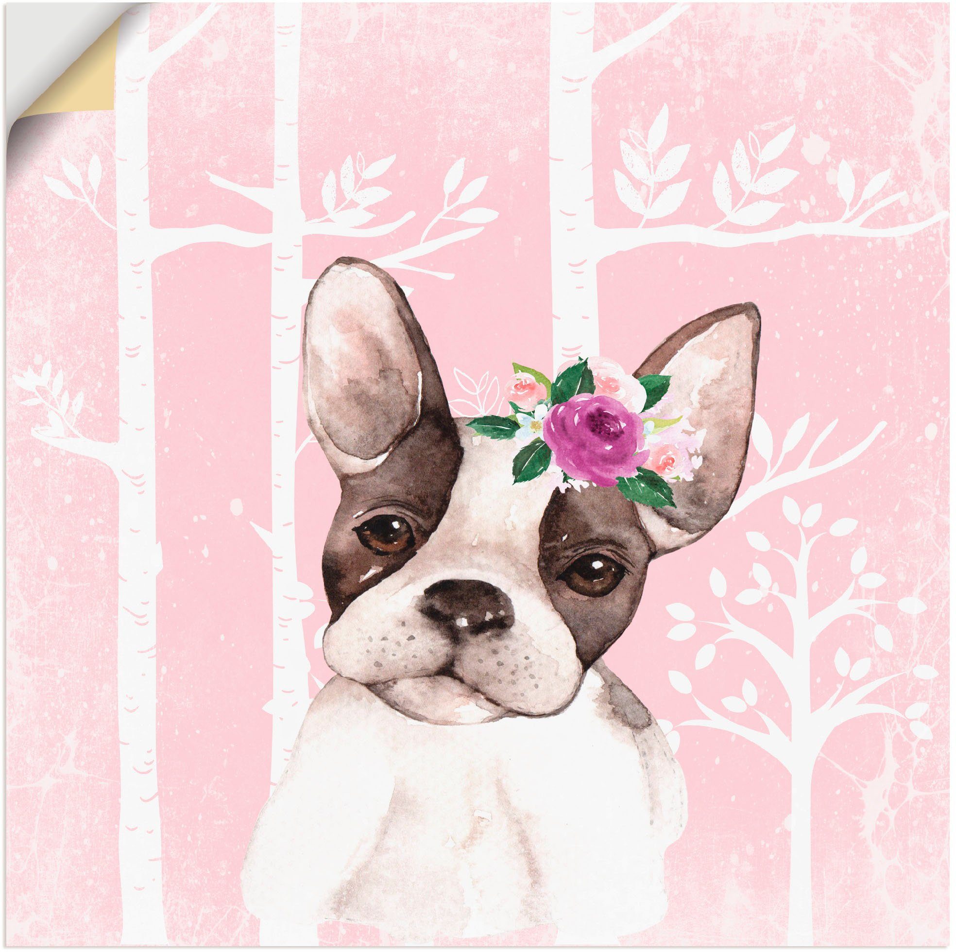 verschied. in pink Artland Wandbild St), mit Poster, Hund Mops Größen (1 Wandaufkleber als Tiere im Blumen Wald,
