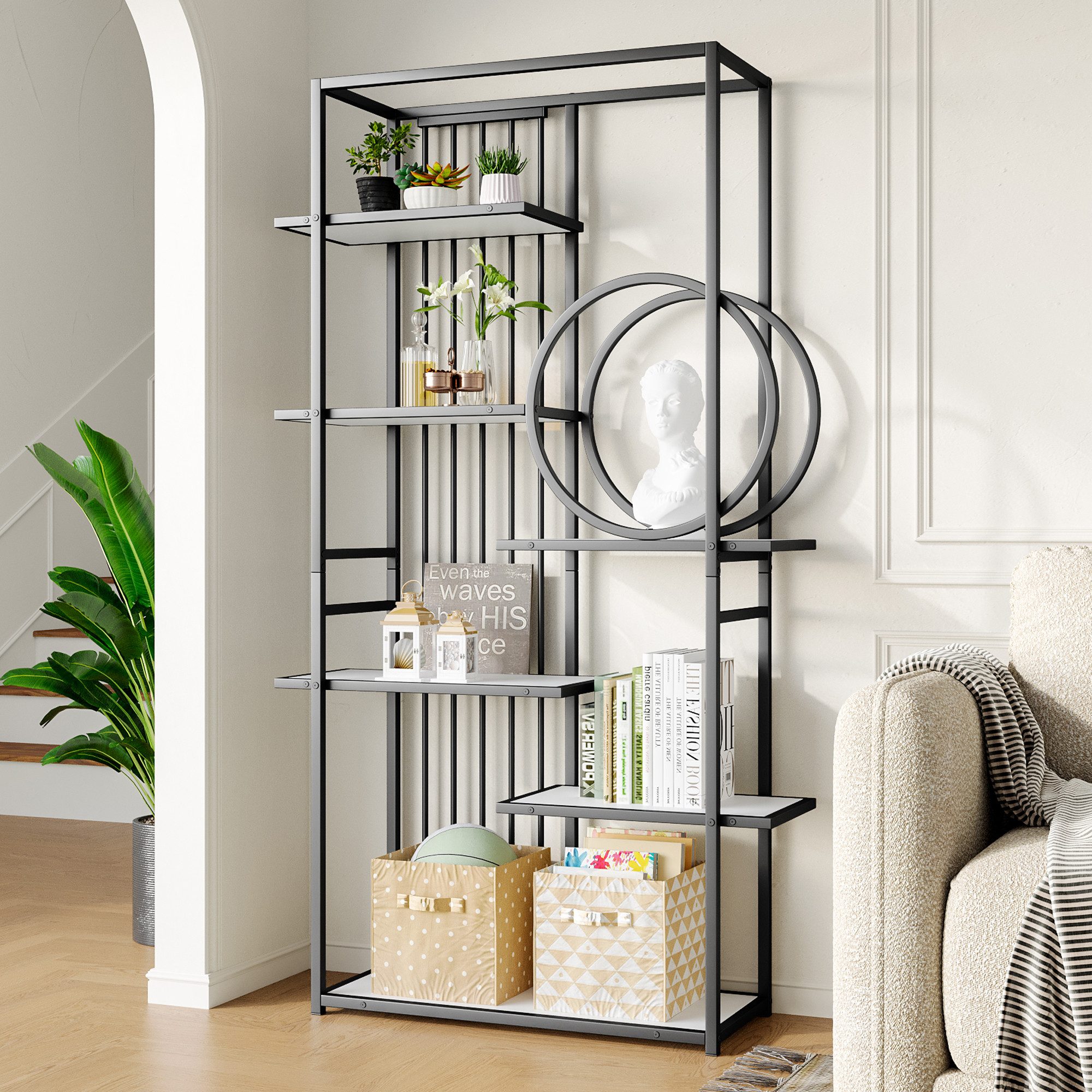 KLAM HOME Bücherregal 100 x 30 x 180 cm Metallregal im modernen Stil, solides Stahlrohr, geometrische Struktur, mehrstufiges Design, runde Dekoration, geeignet für die Inneneinrichtung, weiß + schwarz