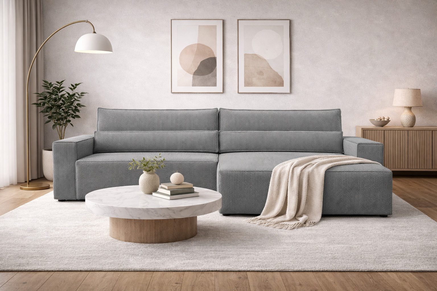 MOEBLO Ecksofa aus Cord DENVER L, Ottomane beidseitig montierbar Couch Cord für Wohnzimmer Schlafsofa Sofagarnitur Sofa Eckcouch L-Form Cordstoff - 290x85x200cm, mit Schlaffunktion und Bettkasten