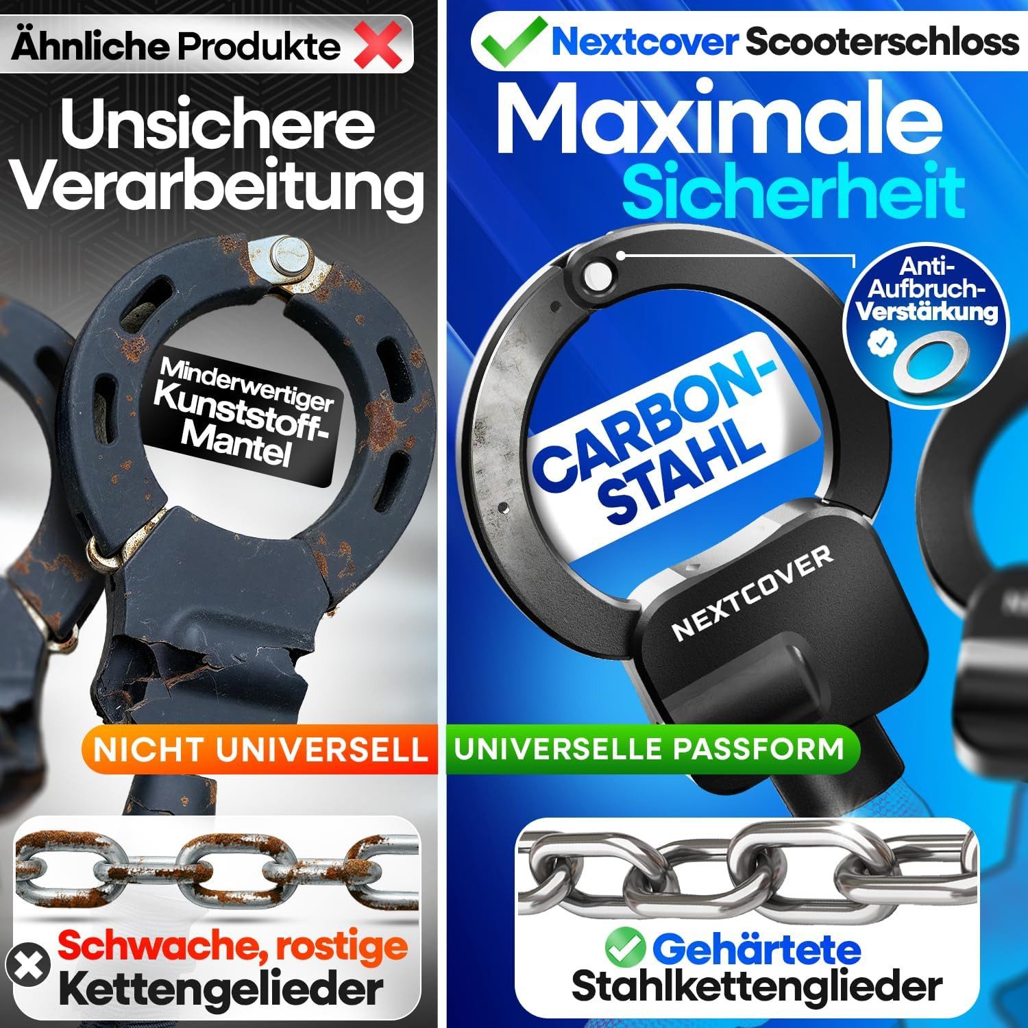 Nextcover Kettenschloss NEXTCOVER® E-Scooter Schloss [Steel-Secure-Technologie]