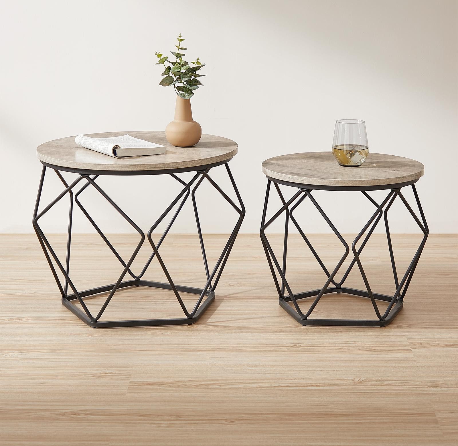 VASAGLE Couchtisch 2er Set Wohnzimmertisch abnehmbare Tischplatte (2er Set, inkl. Zubehörpaket & Anleitung, Holz), Beistelltisch, abnehmbare Tischplatte, Ø50x40cm+Ø40x36cm