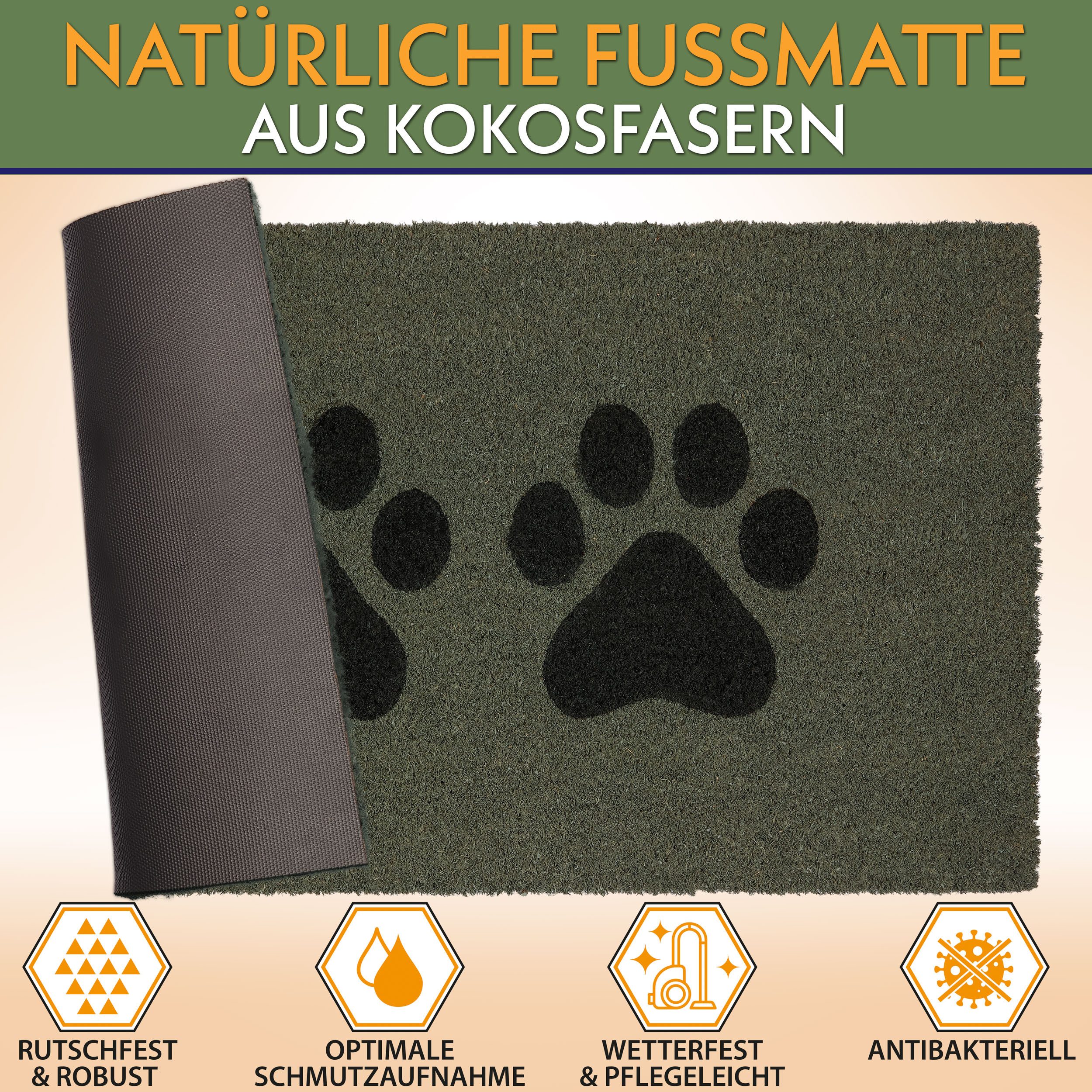 BRUBAKER Fußmatte Pfoten - 45 x 75 cm Hunde und Katzen - Fußmatte für Außen und Innen, Türvorleger für Hundebesitzer & Katzenbesitzer, Höhe: 15 mm, Schmutzfangmatte aus 100% Kokos - Wetterfest & Rutschfest