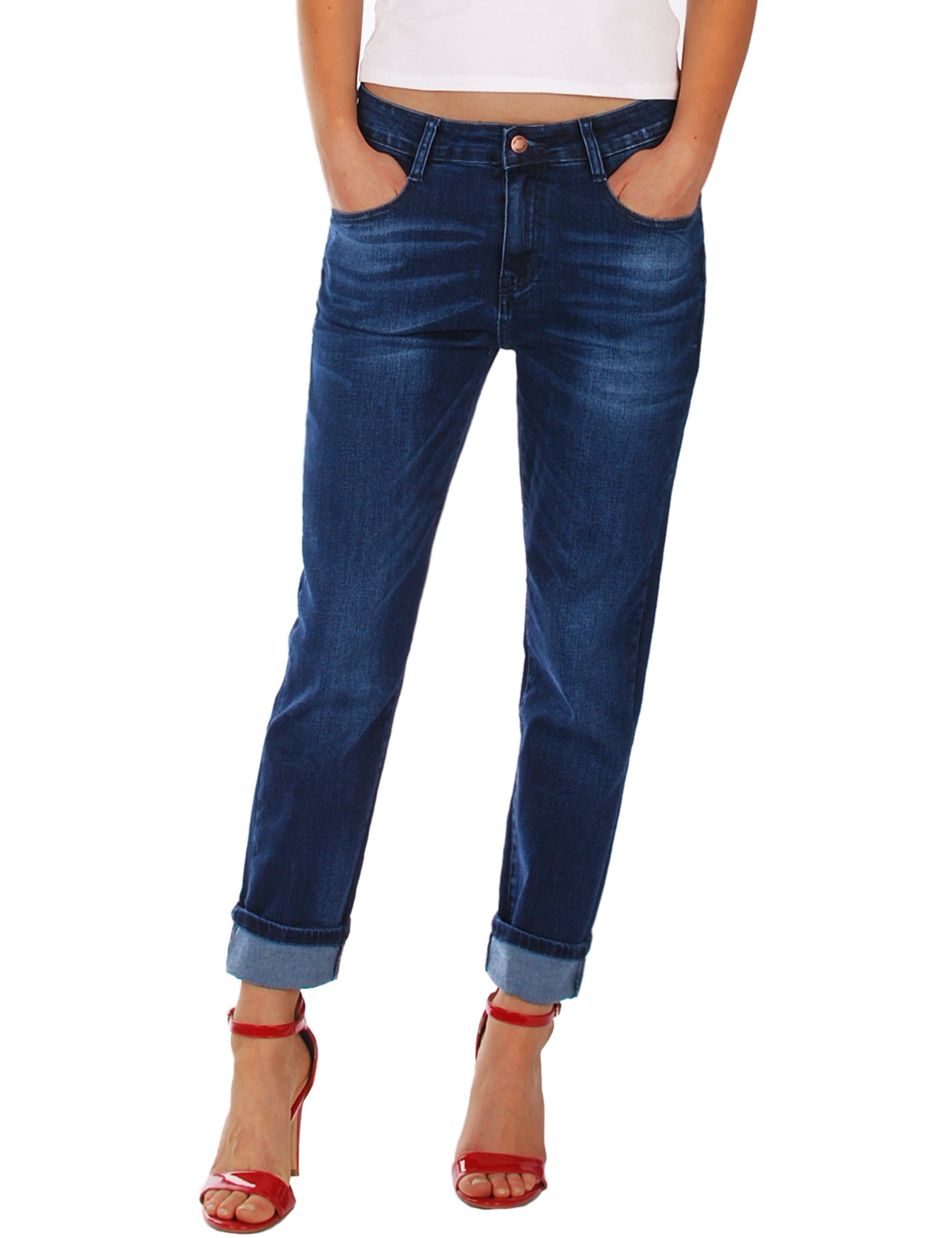 Boyfriend-Jeans 5-Pocket-Style Fraternel Dunkelblau Stretch,