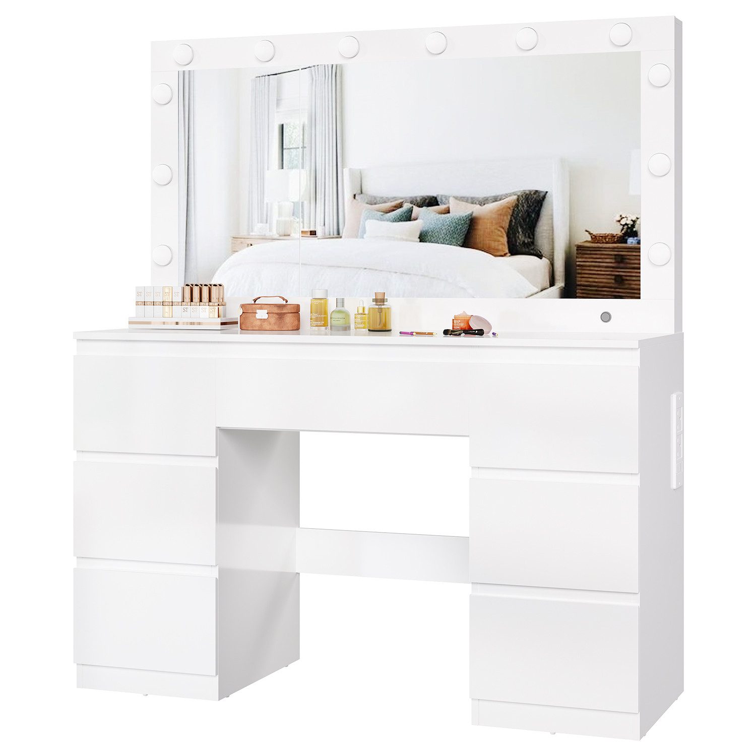 Furnicopia Schminktisch Großer verspiegelter Schminktisch mit sieben Schubladen (Abmessungen: 120 × 40 × 140 cm, 2 Steckdosen, 1 USB-Anschluss, 1 Typ-C-Anschluss. Spiegeldurchmesser: 106 cm. Inklusive Schmuckschrank mit speziellen Fächern für Halsketten, Ringe und Ohrringe-ostern geschenke)