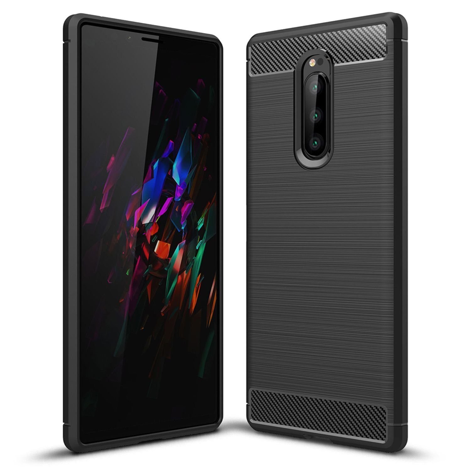 Nalia Smartphone-Hülle Sony Xperia 1, Carbon Look Silikon Hülle / Matt Schwarz / Rutschfest / Karbon Optik