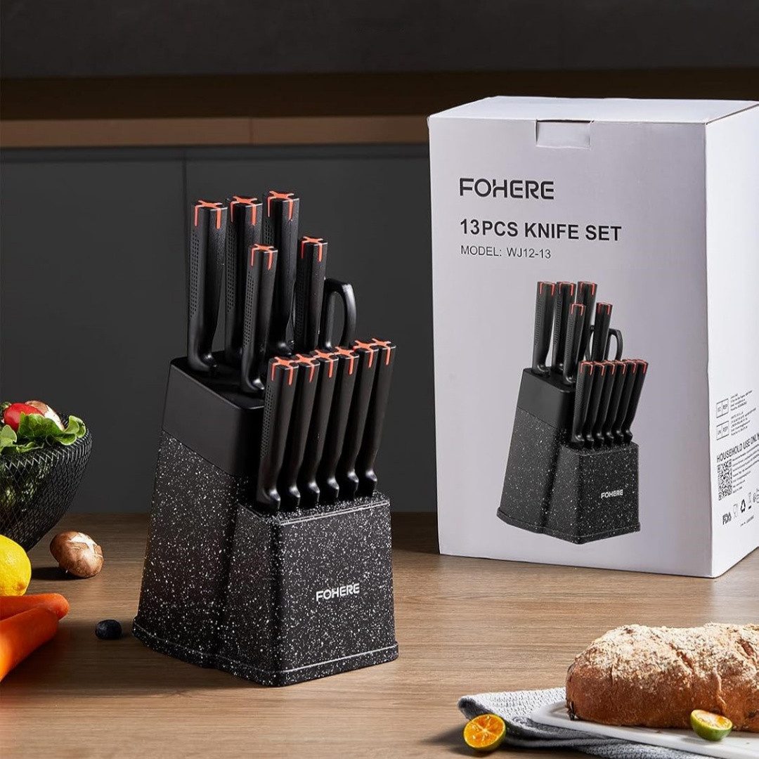 FOHERE Messer-Set 13-teiliges Messerset mit Block und Integriertem Schärfer (13-tlg), hochwertige Edelstahlklingen mit schwarzer Antihaft-Beschichtung