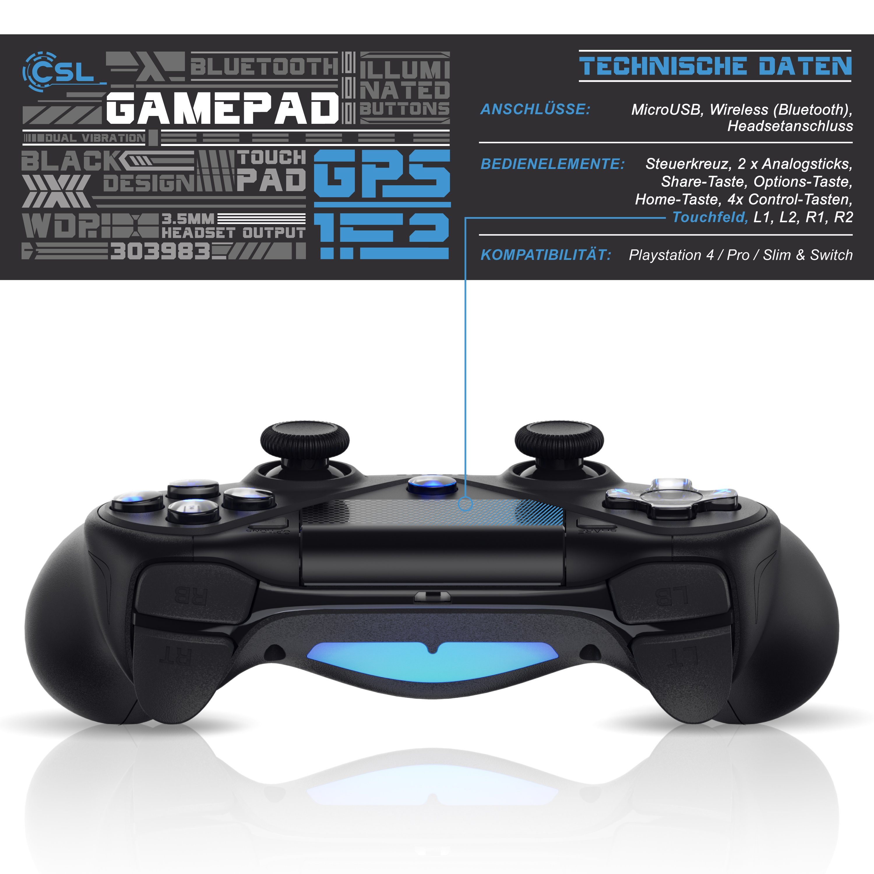 CSL Gaming-Controller & Gamepad & (1 Bluetooth Switch, St., Kabel, für Touchpad, Akku) Wireless PS4