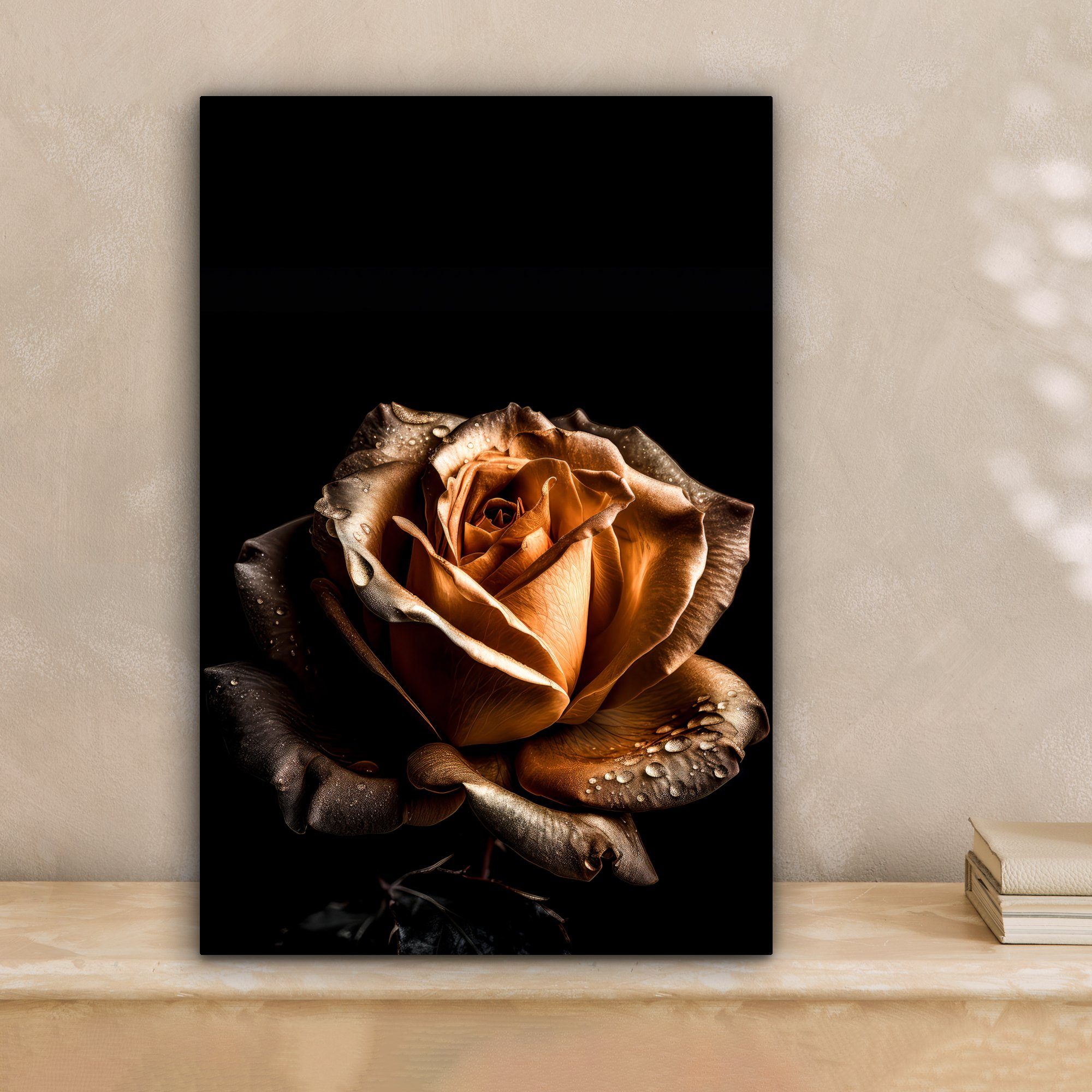 cm bespannt - Rose Gold (1 - Zackenaufhänger, Blumen - 20x30 Schwarz, inkl. Leinwandbild Leinwandbild St), Gemälde, Botanisch OneMillionCanvasses® fertig