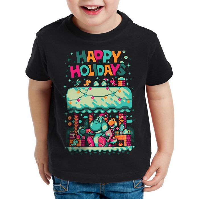 style3 Print-Shirt Kinder T-Shirt Happy Holidays Sweater 16Bit xmas pulli weihnachtsbaum