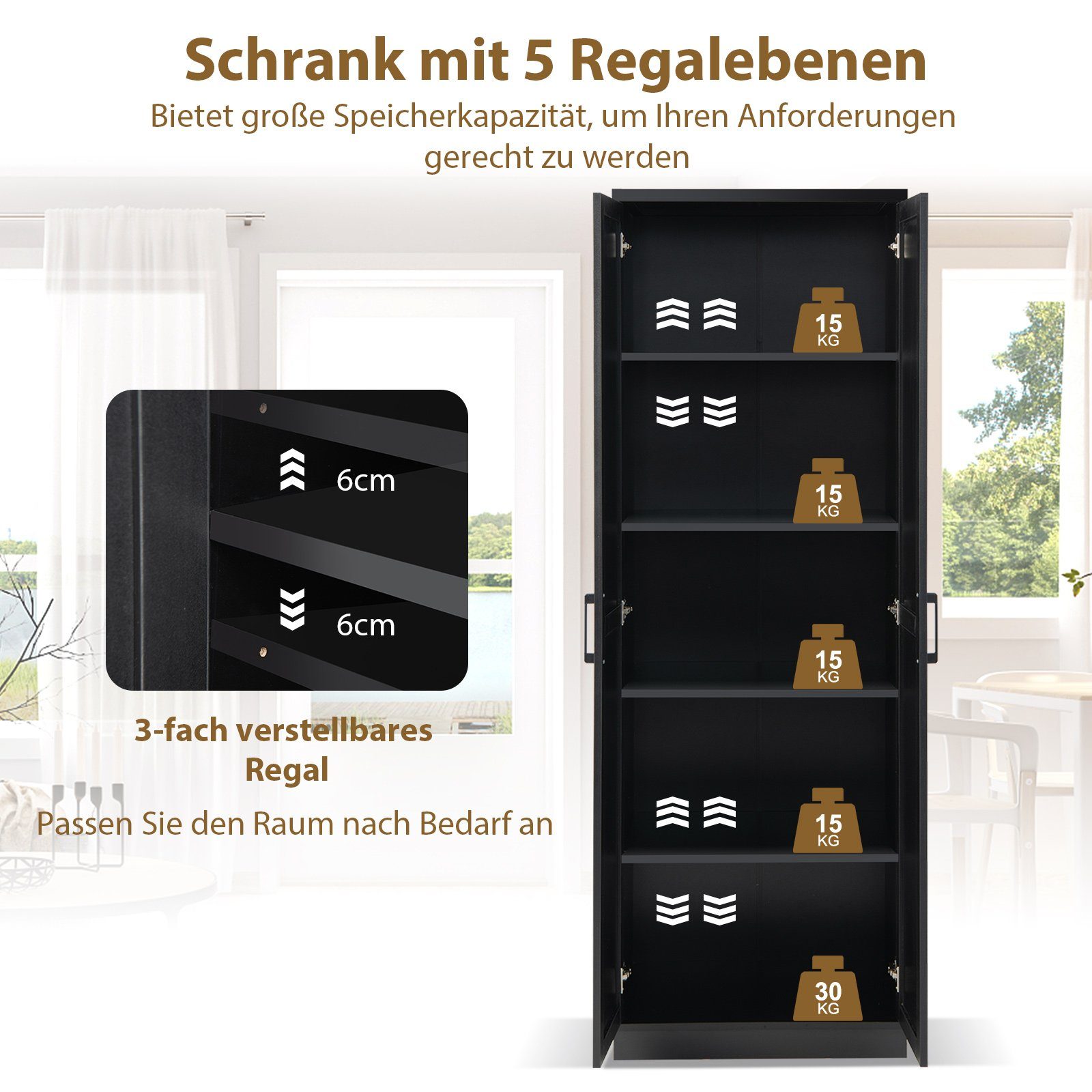 COSTWAY Vorratsschrank Küchenschrank Hochschrank mit verstellbarem Regal 178cm
