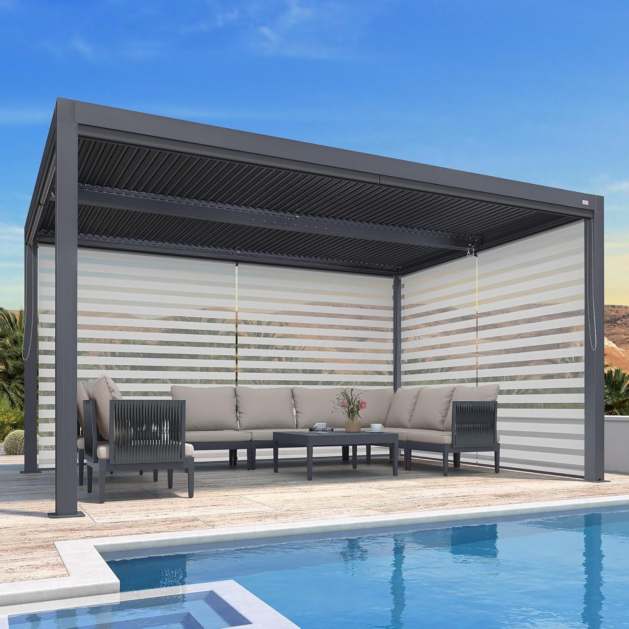 PURPLE LEAF Pergola Terrassenüberdachung mit Sonnenrollo, Gartenpavillon mit Lamellendach, (Komplettset, 1 Pergola + 1 Seitenrollo für die Schmalseite), Lamellendach verstellbar; inkl. Seitenrollo
