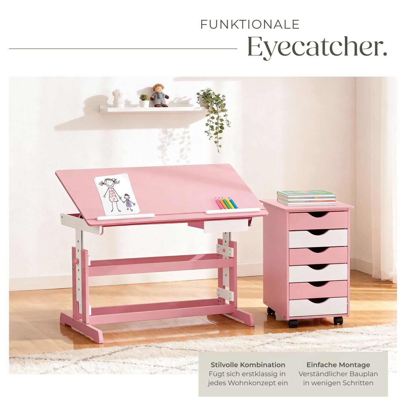 tectake Kinderschreibtisch Höhenverstellbarer Jugendschreibtisch, elektrisch, abgerundete (Schülerschreibtisch, 1-St., in rosa), Aus Holz, Tischplatte neigbar & – Bild 4 von 5