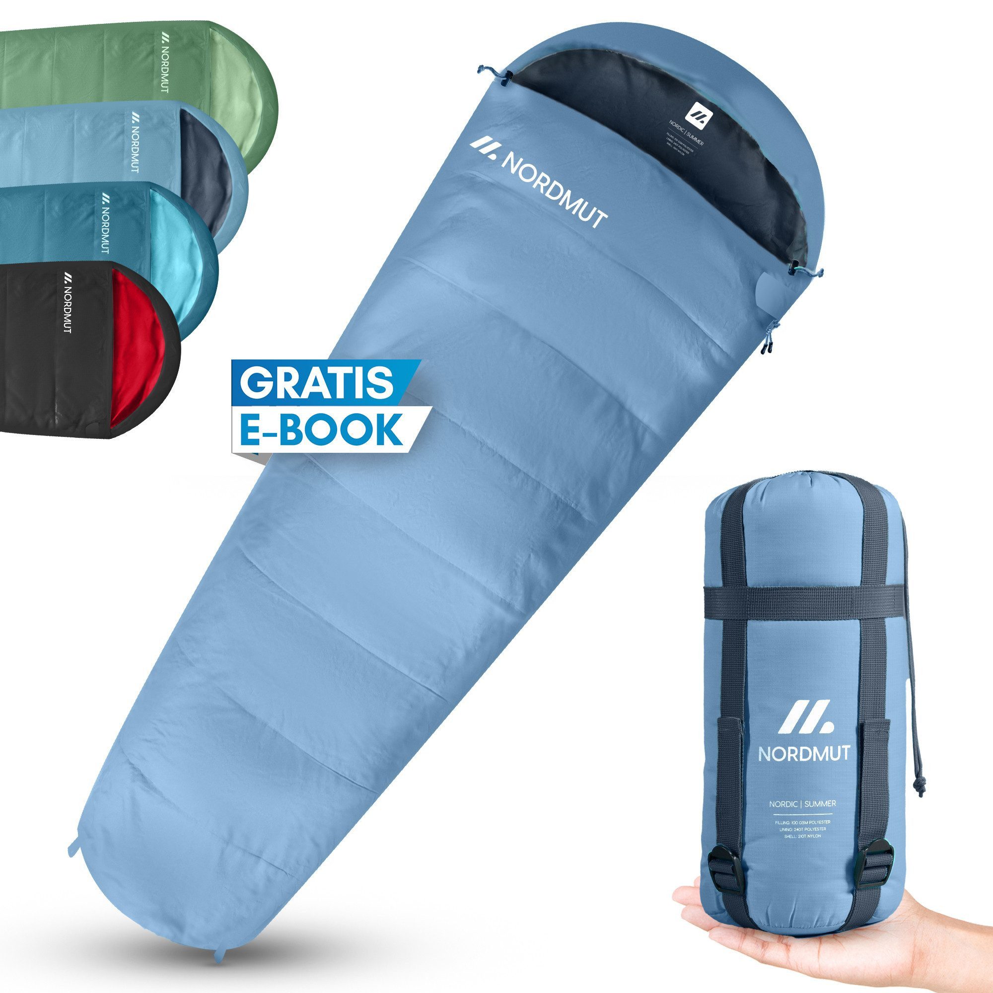 Nordmut Mumienschlafsack Sommerschlafsack Ultraleicht & kompakt [100 GSM] kleines Packmaß, Sleeping Bag koppelbar, [900g] ideal für Outdoor, Camping und Reisen