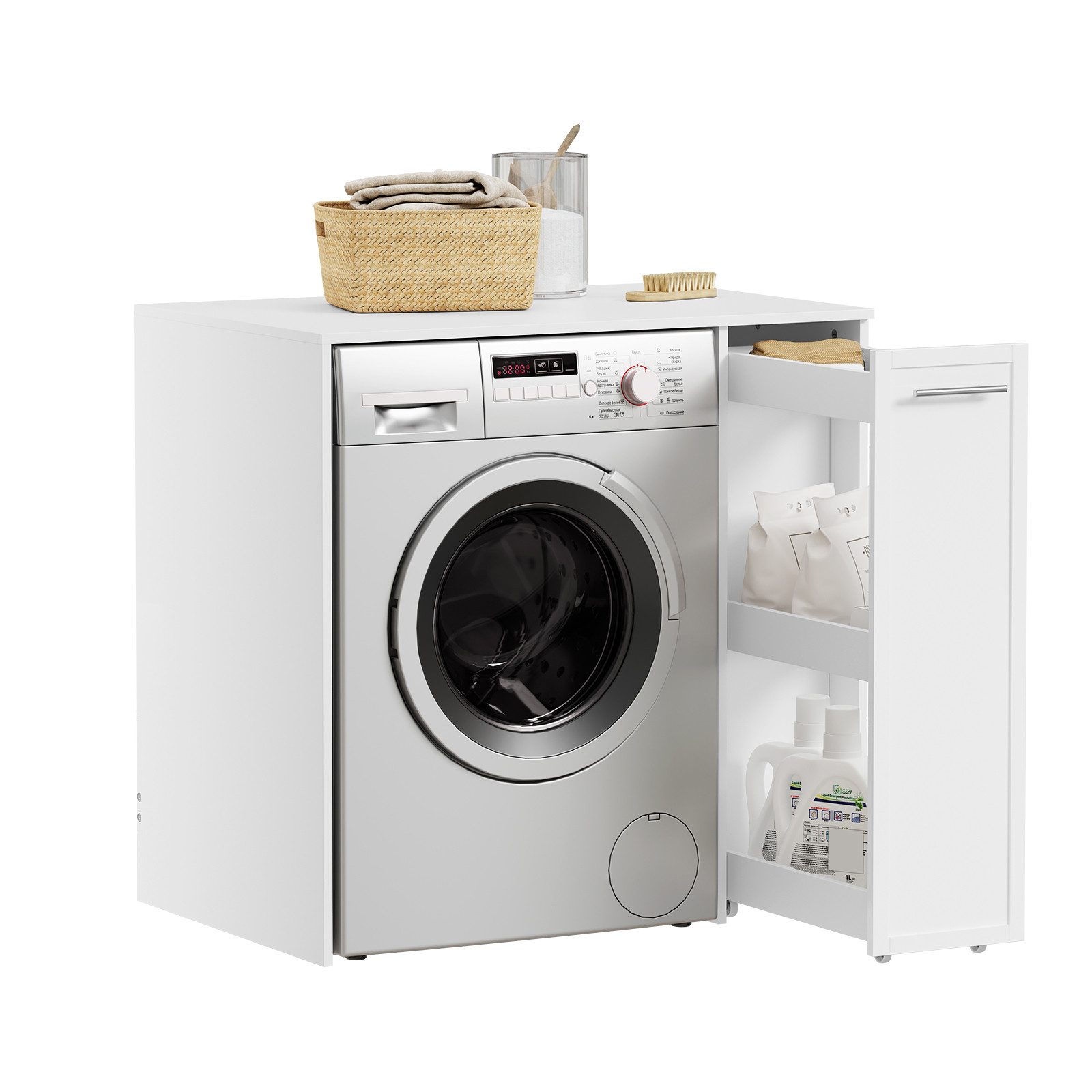 SoBuy Waschmaschinenumbauschrank BZR229, Waschmaschinenunterschrank, Waschmaschinenschrank Platzsparend (1er Set) Trocknerschrank, mit Rollen, 3 Etagen Auszug-Schublade & Arbeitsfläche