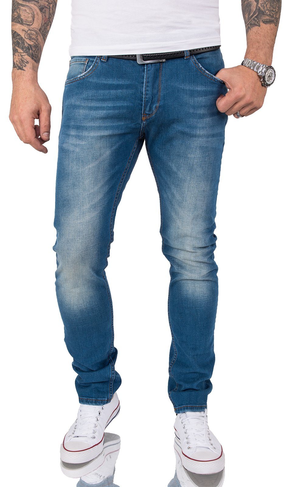 Gelverie Slim-fit-Jeans Herren Jeans Stonewashed Blau G-201