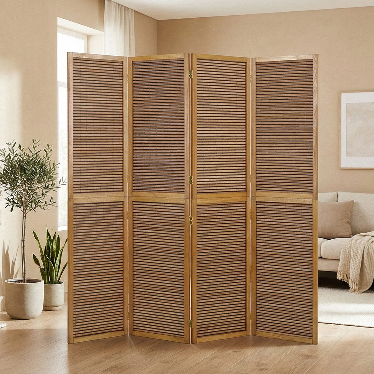 Homestyle4u Paravent 3 fach Raumteiler Holz Trennwand Braun washed Indoor Sichtschutz (4-teilig), faltbar