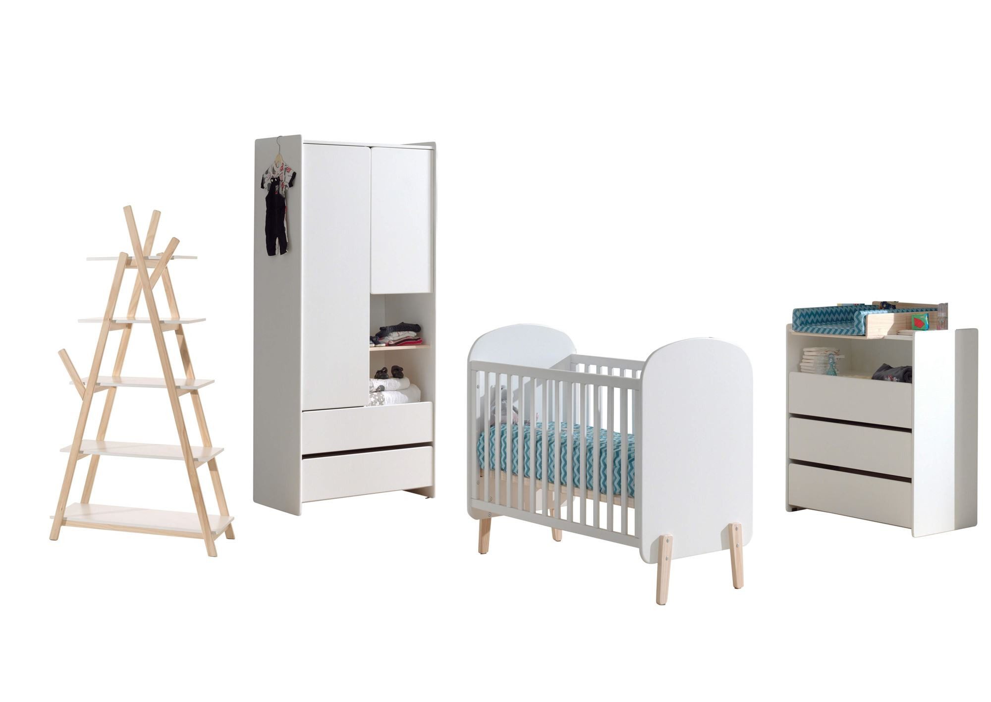 58 aufm Kessel Babymöbel-Set Babyzimmereinrichtung Karilynn 129x68x94 Massivholz+MDF Weiß KICOBB03, (inkl. Versand, Lieferung bis Verwendungsstelle), Babybett, Kleiderschrank 2-trg., Kommode, Wickelaufsatz, Regal