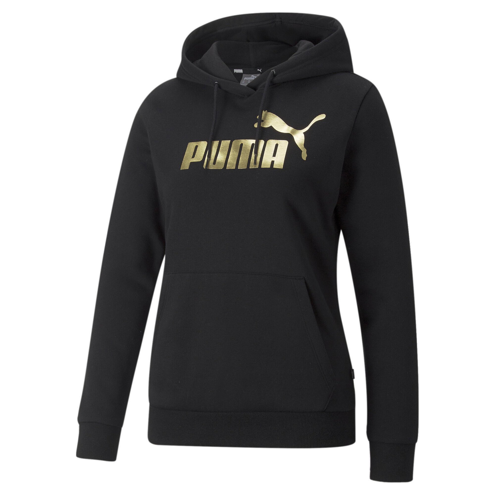 PUMA Sweatshirt Essentials+ Black Gold Metallic Damen Foil Logo Hoodie