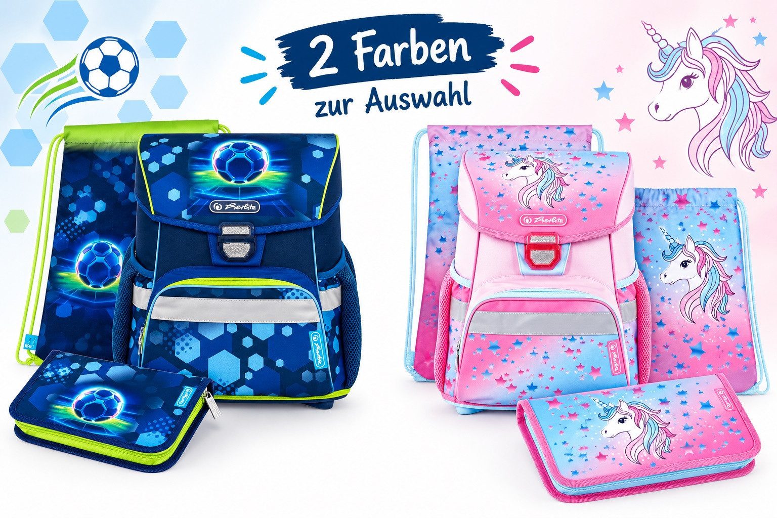 Herlitz Schulranzen Schulranzen 3-teilig Set mit Turnbeutel und Federmäppchen (3er Set, Schülerset mit Etui und Sportbeutel), ergonomischem Tragesystem&wasserabweisender&Rückenpolster