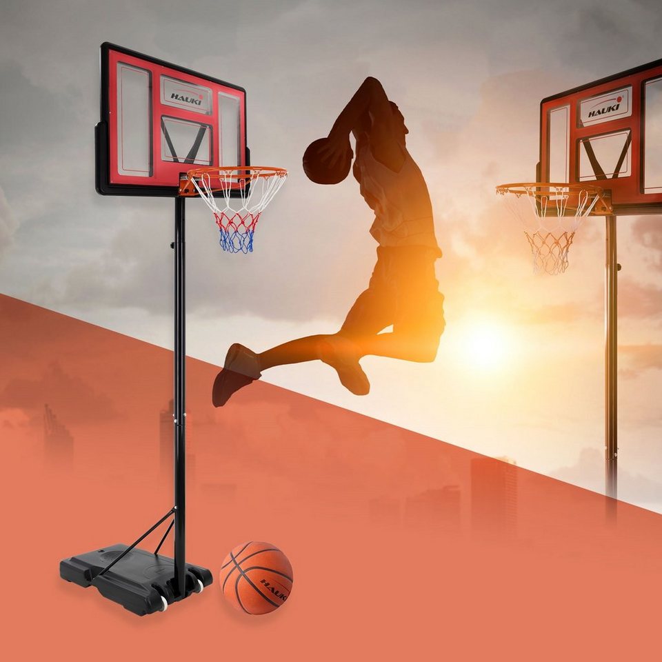Hauki Basketballständer Basketballständer Korbanlage Basketballanlage für  Kinder/Erwachsene, Set Outdoor Ständer Rollen Ball Pumpe Rot 235-295cm  mobil befüllbar