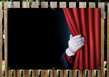 Wallario Sichtschutzzaunmatten Vorhang auf für die Show Hand hinterm roten Vorhang