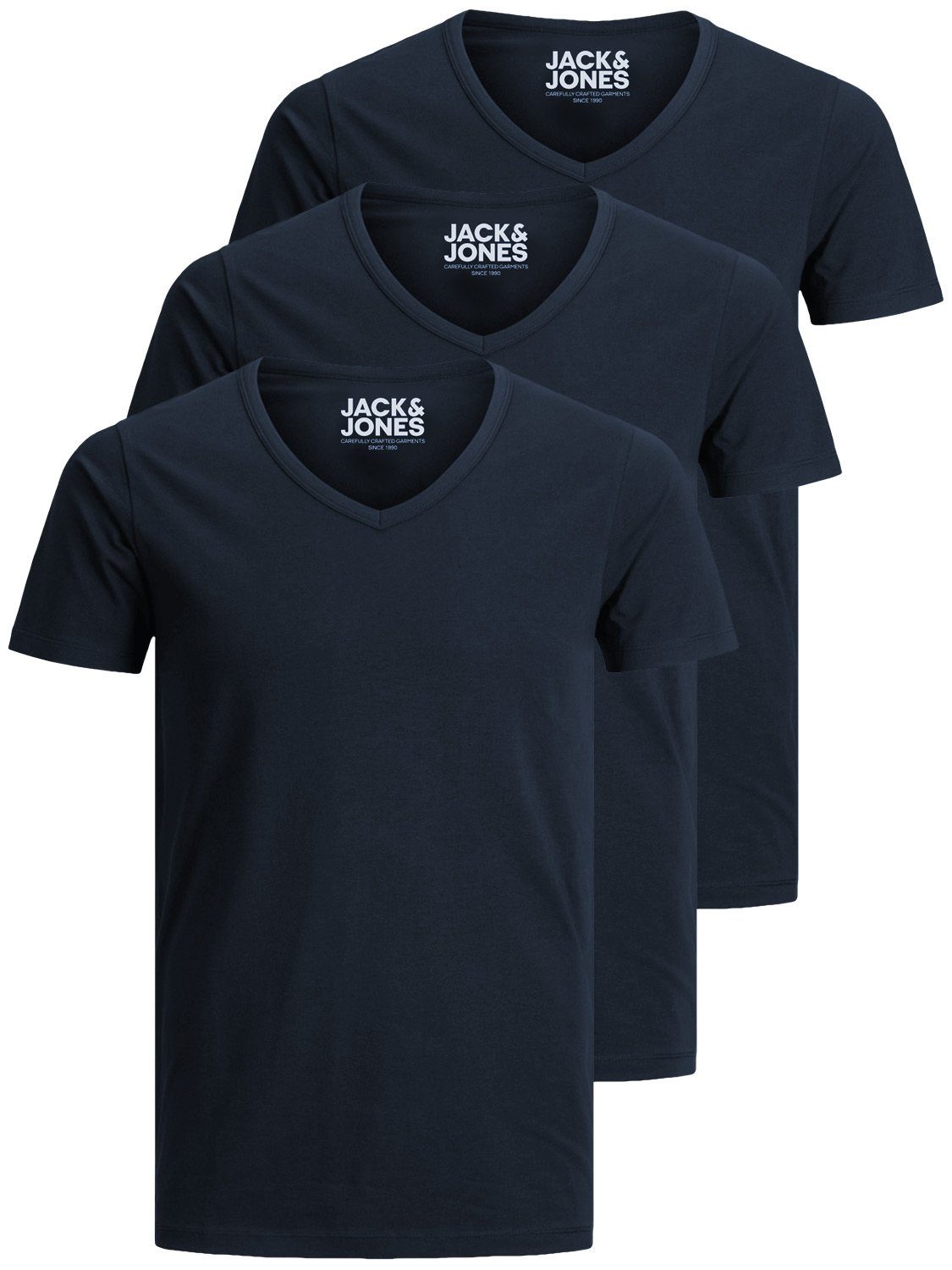 geschnitten, etwas T-Shirt länger nicht blau Pack) 3er (3-tlg., kurz Basic Jack zu Jones V-Neck &