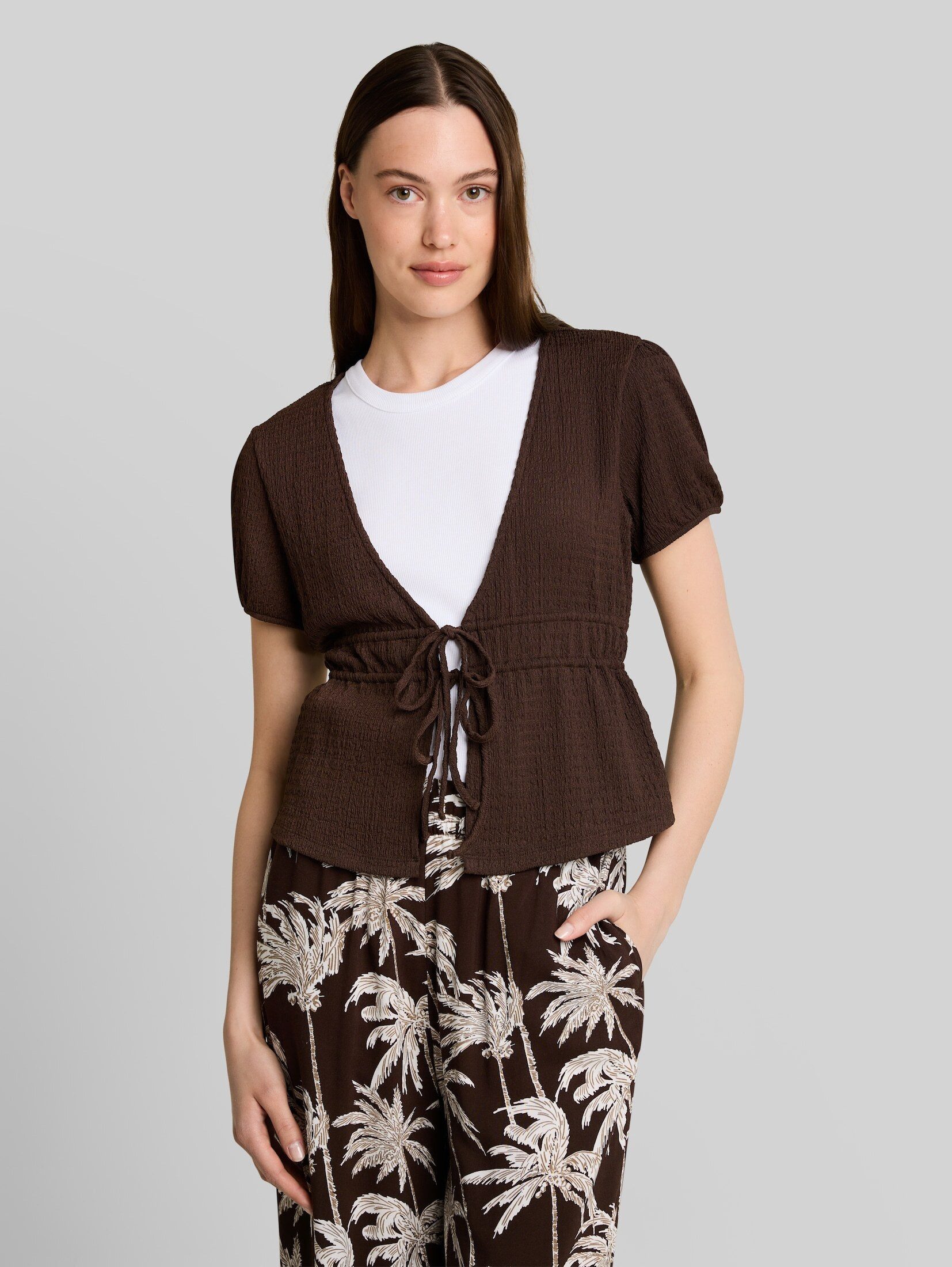 TOM TAILOR Denim Kurzarmbluse Blusen & Shirts Crinkle Bolero Bluse mit Schleifen