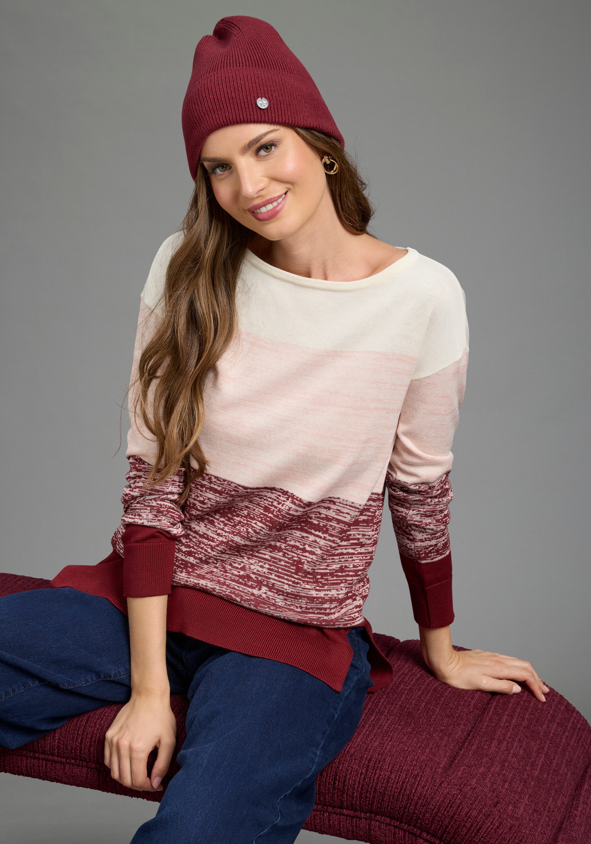 Laura Scott Strickpullover mit breiten, melierten Streifen aus Feinstrick, figurumspielende Passform