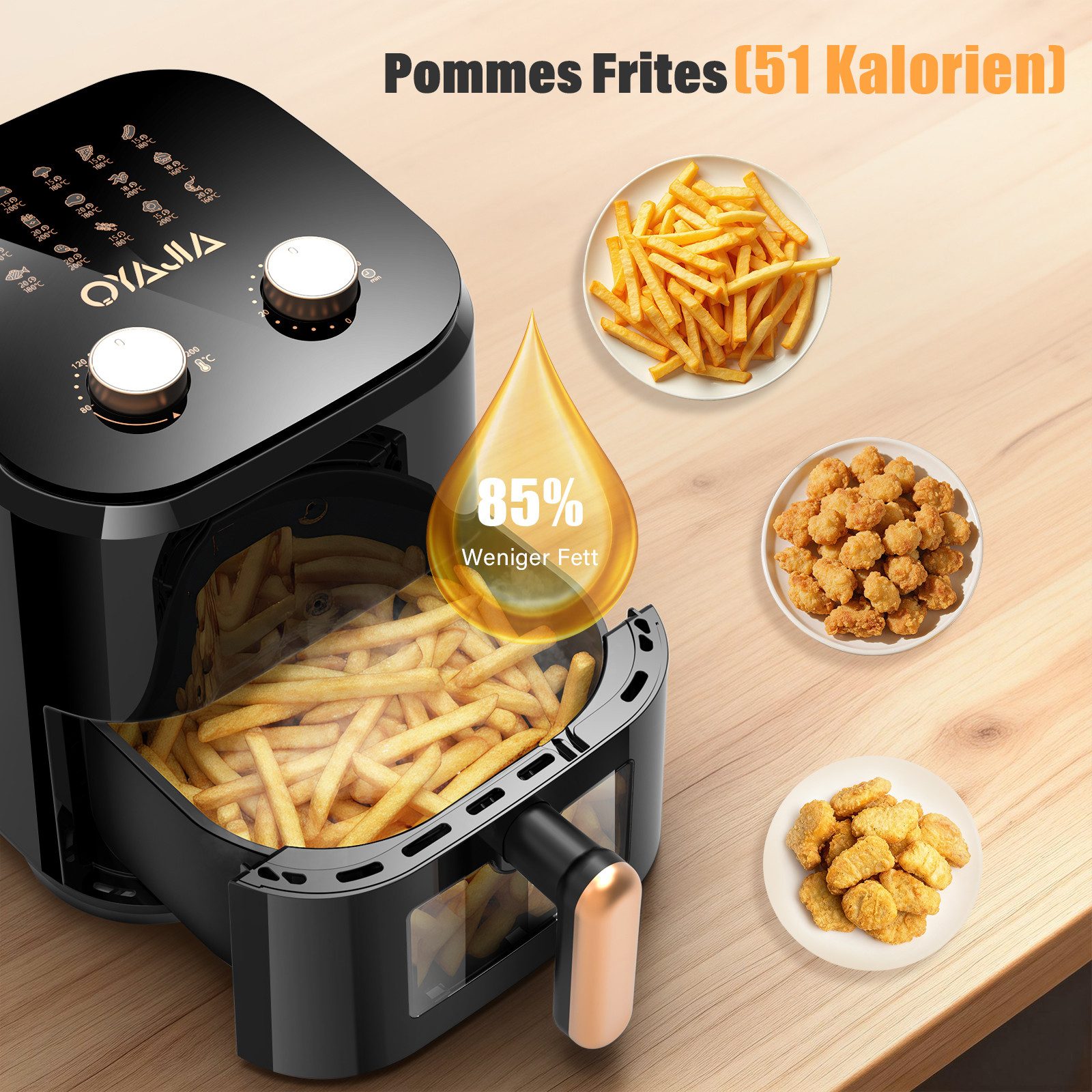 oyajia Heißluftfritteuse Airfryer 5L mit Sichtfenster, Drehknopf für Temperatur & Timer, Ohne ÖL, Kompakter Heißluftfritteuse mit 15 Menüoptionen, 1500 W, 3D-He – Bild 4 von 5
