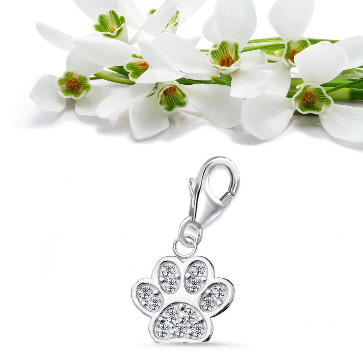 Goldene Hufeisen Charm-Einhänger Zirkonia Pfote Pfötchen Charm Anhänger für Bettelarmband 925 Silber (1 Stück, inkl. Etui), Karabiner – Bild 3 von 5