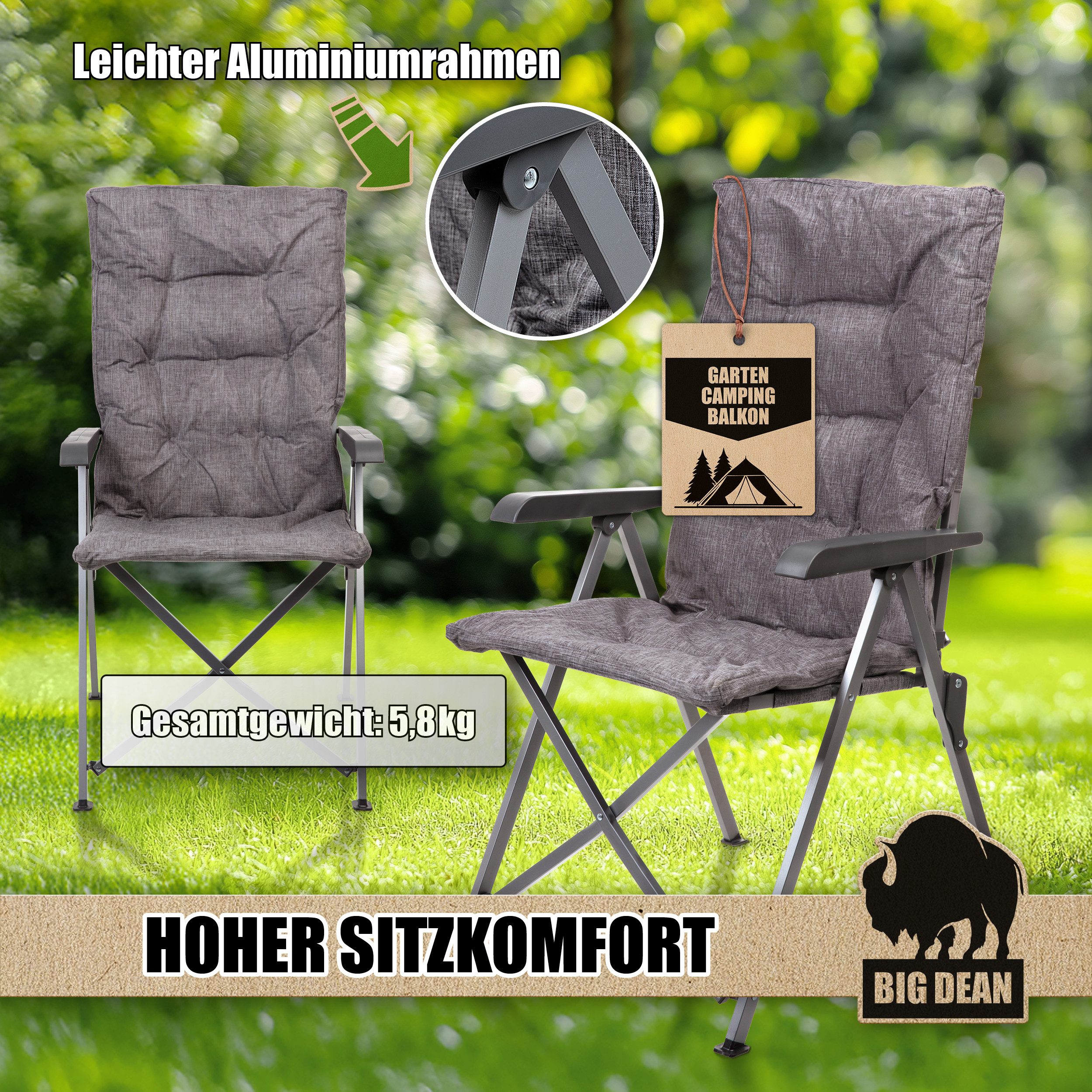 BigDean Campingstuhl Bequemer Campingstuhl faltbar Rückenlehne verstellbar (Packung, 1 St), Luxus Faltstuhl, Wasserabweisend, Uv-Beständig
