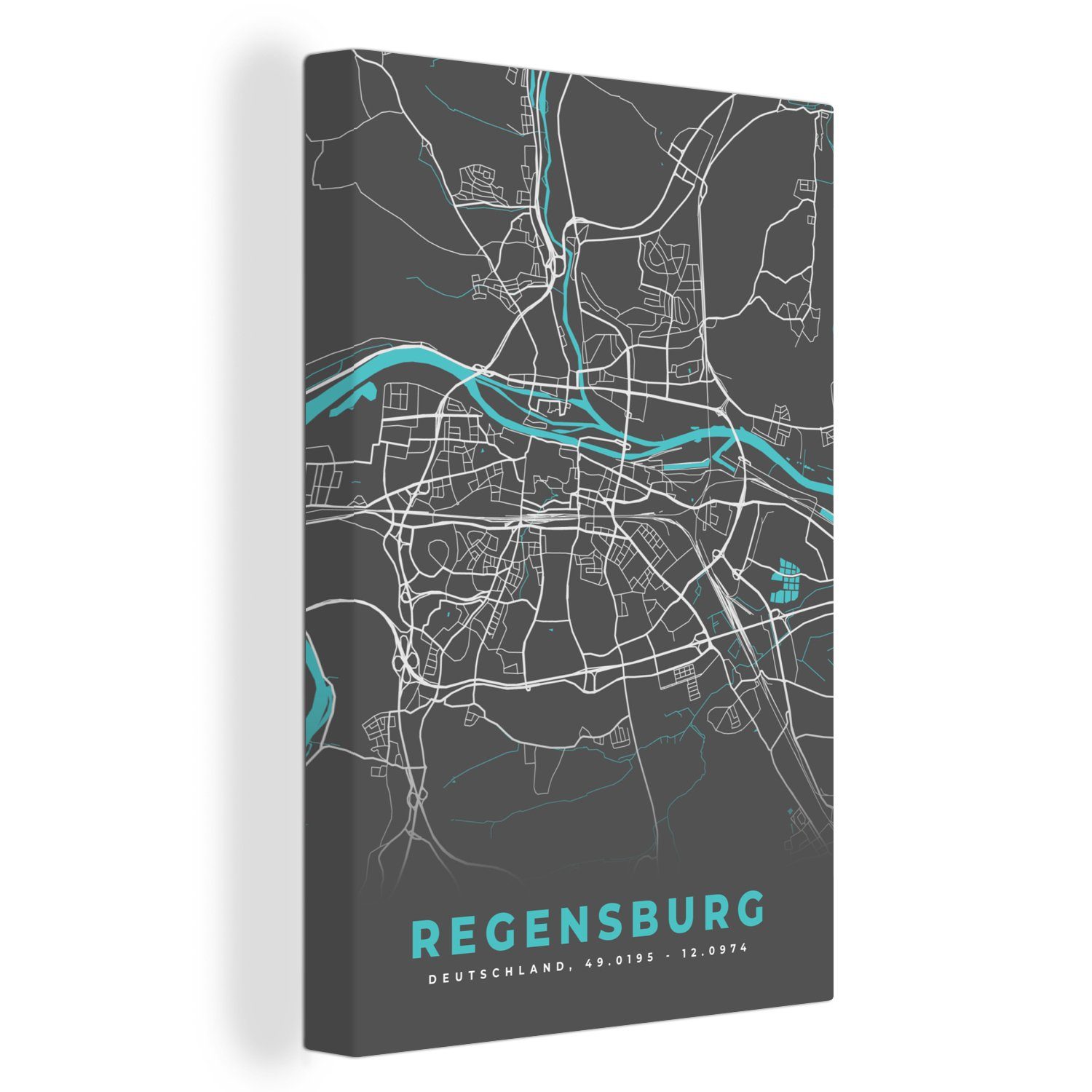 Neu veröffentlicht OneMillionCanvasses® Leinwandbild Regensburg Karte St), - Stadtplan Zackenaufhänger, Deutschland fertig inkl. - bespannt - Leinwandbild 20x30 Blau, - cm Gemälde, (1