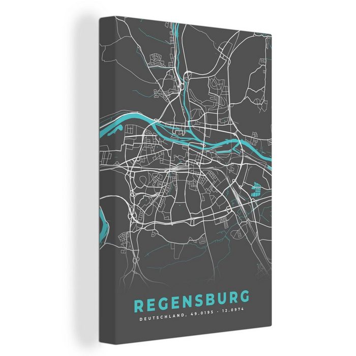 OneMillionCanvasses® Leinwandbild Karte - Stadtplan - Regensburg - Deutschland - Blau (1 St) Leinwand Bilder für Wohnzimmer Schlafzimmer