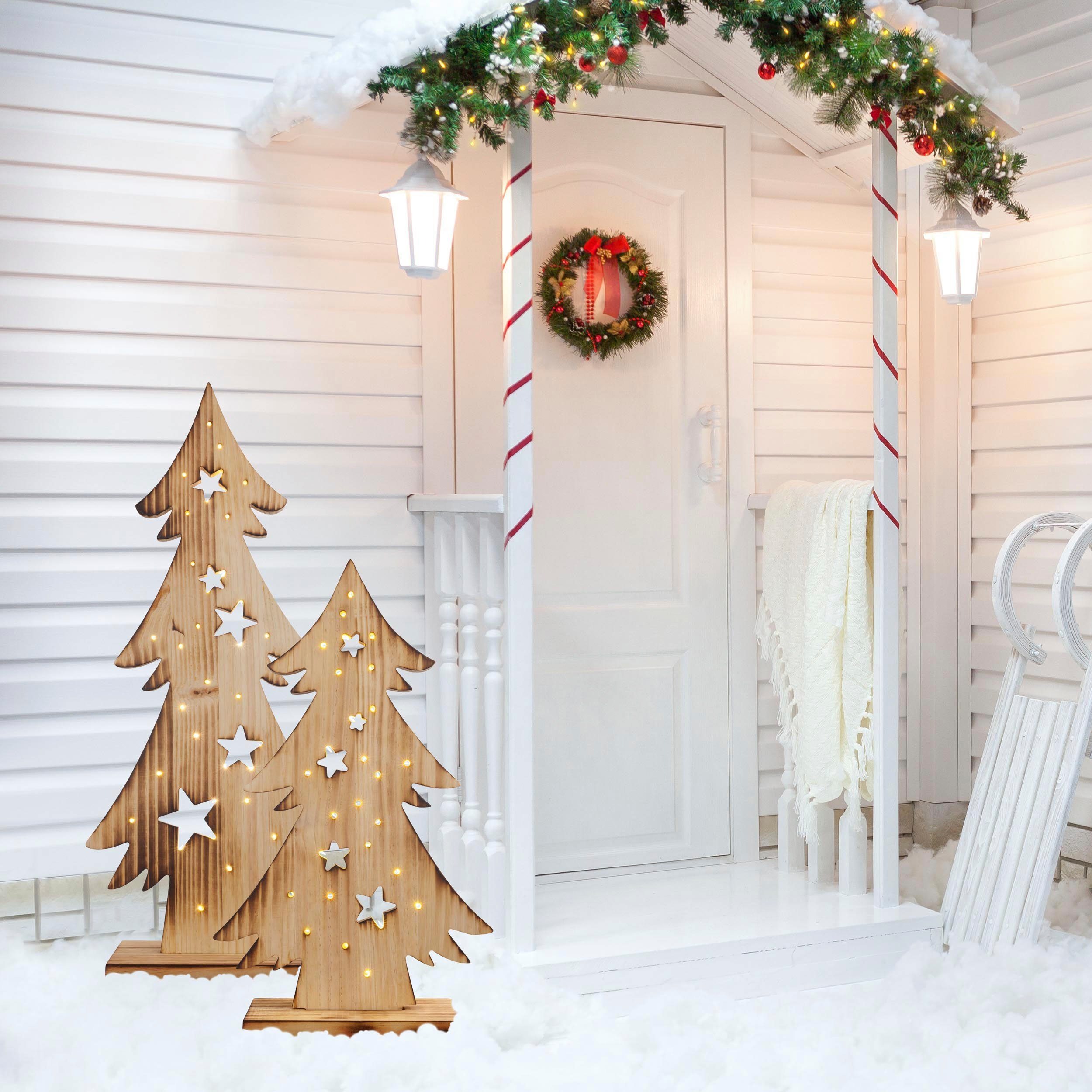 LED ca. Höhe Holz, integriert, LED Baum näve Holz-Stehleuchte, Weihnachtsdeko Batteriebetrieben Warmweiß, aus Tannenbaum, Timerfunktion, 80 fest cm,