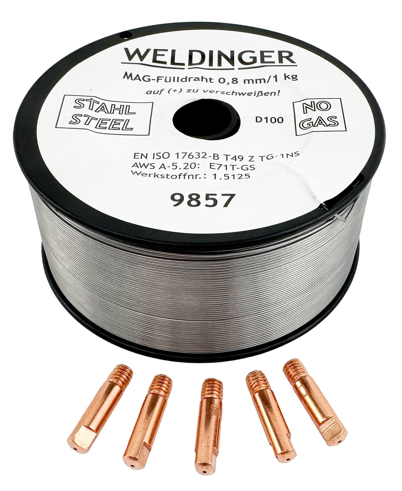 WELDINGER Schweißdraht Set Füllraht 0,8 mm 1 kg mit 5er-Pack Stromdüsen 0,8 mm (MB15/MB150), (Set, 5St), selbstschützend