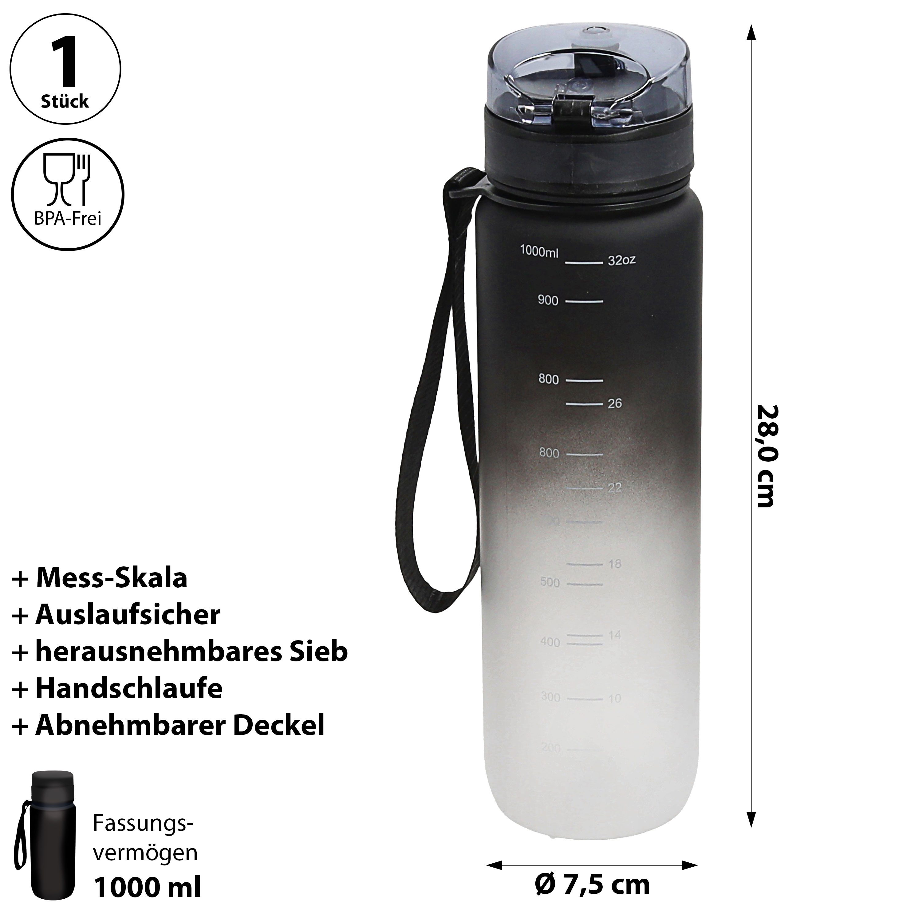 CEPEWA Trinkflasche Trinkflasche 1000ml PET PP PE 7,5x28cm schwarz weiß Handschlaufe Sieb