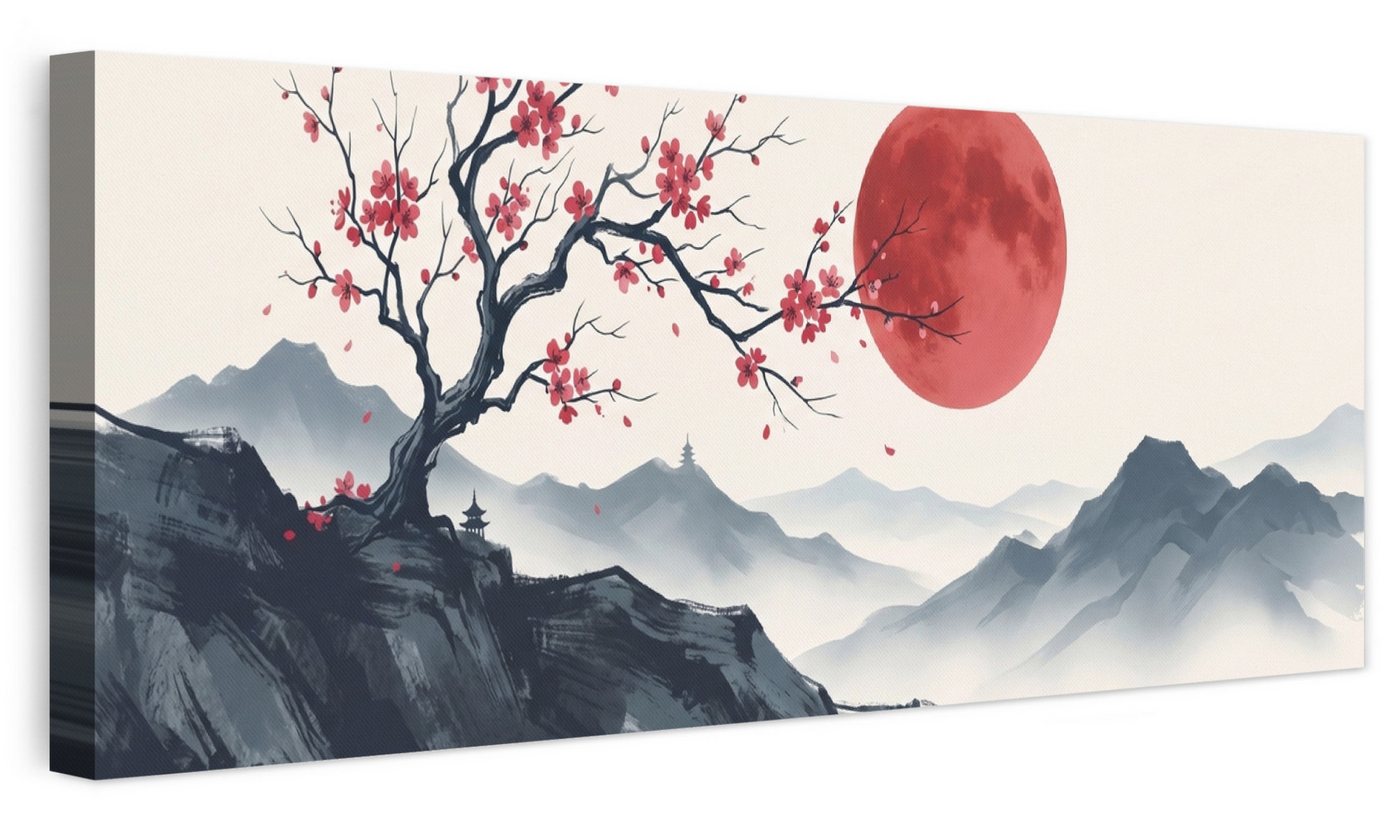 OneMillionCanvasses® Leinwandbild Panorama Kirschblüte - Orientalisch - Rot, Fotodruck (1 St), Wandbild, Deko Schlafzimmer Wohnzimmer Flur …
