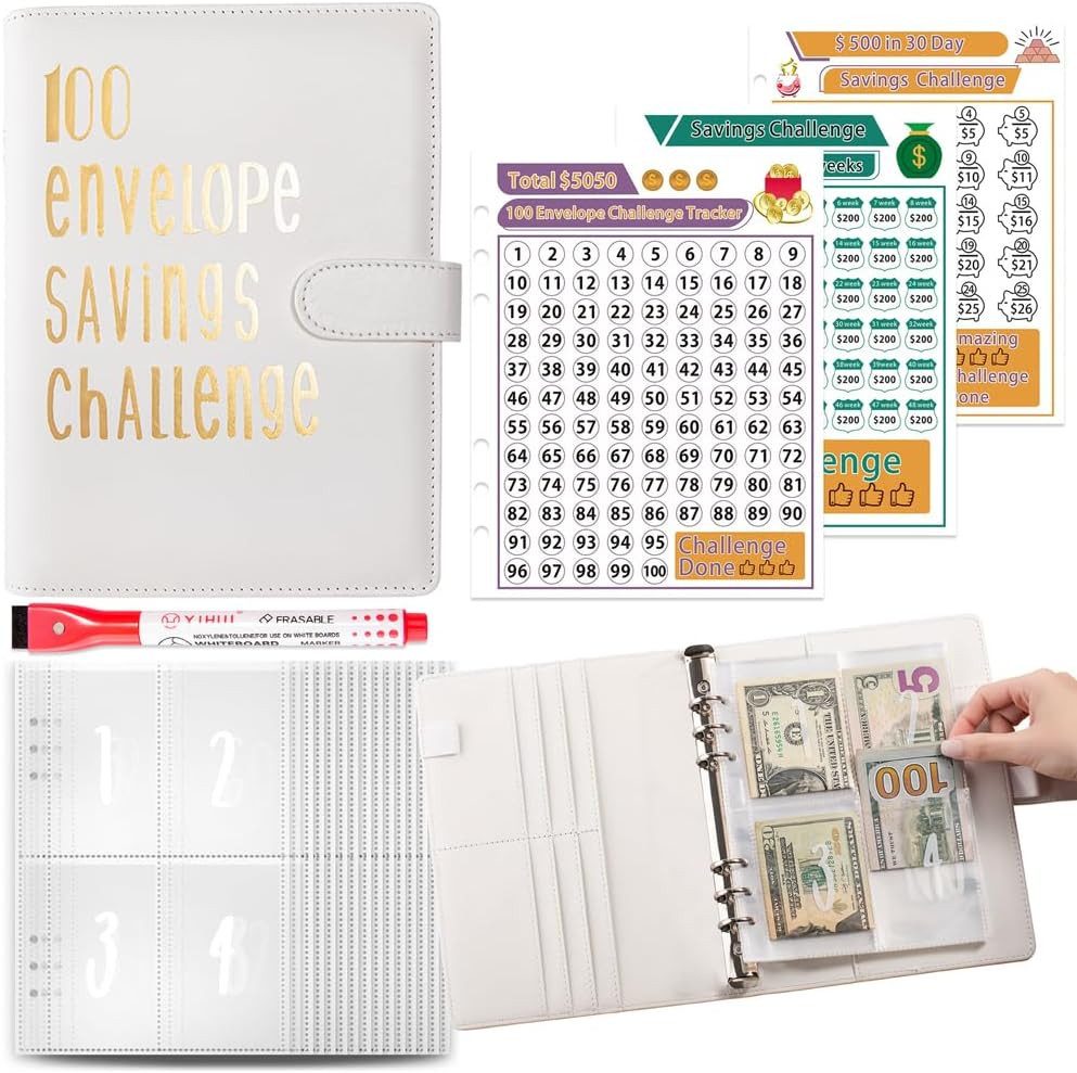 FELIXLEO Konferenzmappe A5 Sparbuch für Geld Challenge 100 Envelope Saving Binder Weiß (1-St)