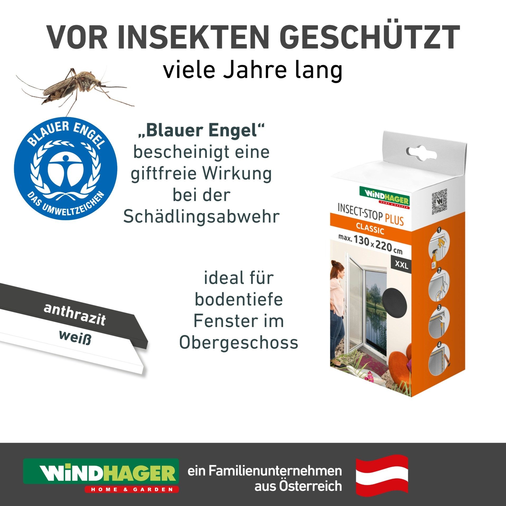 Windhager Fliegengitter-Gewebe Plus für bodentiefe Fenster, Balkon- und Terrassentüren, ohne Bohren, (Set, 1-St), Insektenschutzgitter 130 x 220 cm, erhältlich in anthrazit, weiß